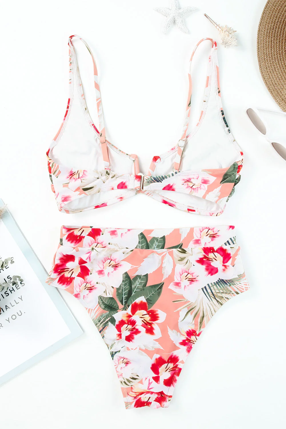 Orange Tropical Floral Print High Waist Bikini - Image 12