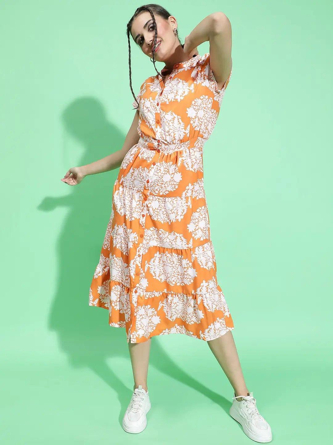 Orange Tropical Print Button Down Detail Women Dress - Image 2