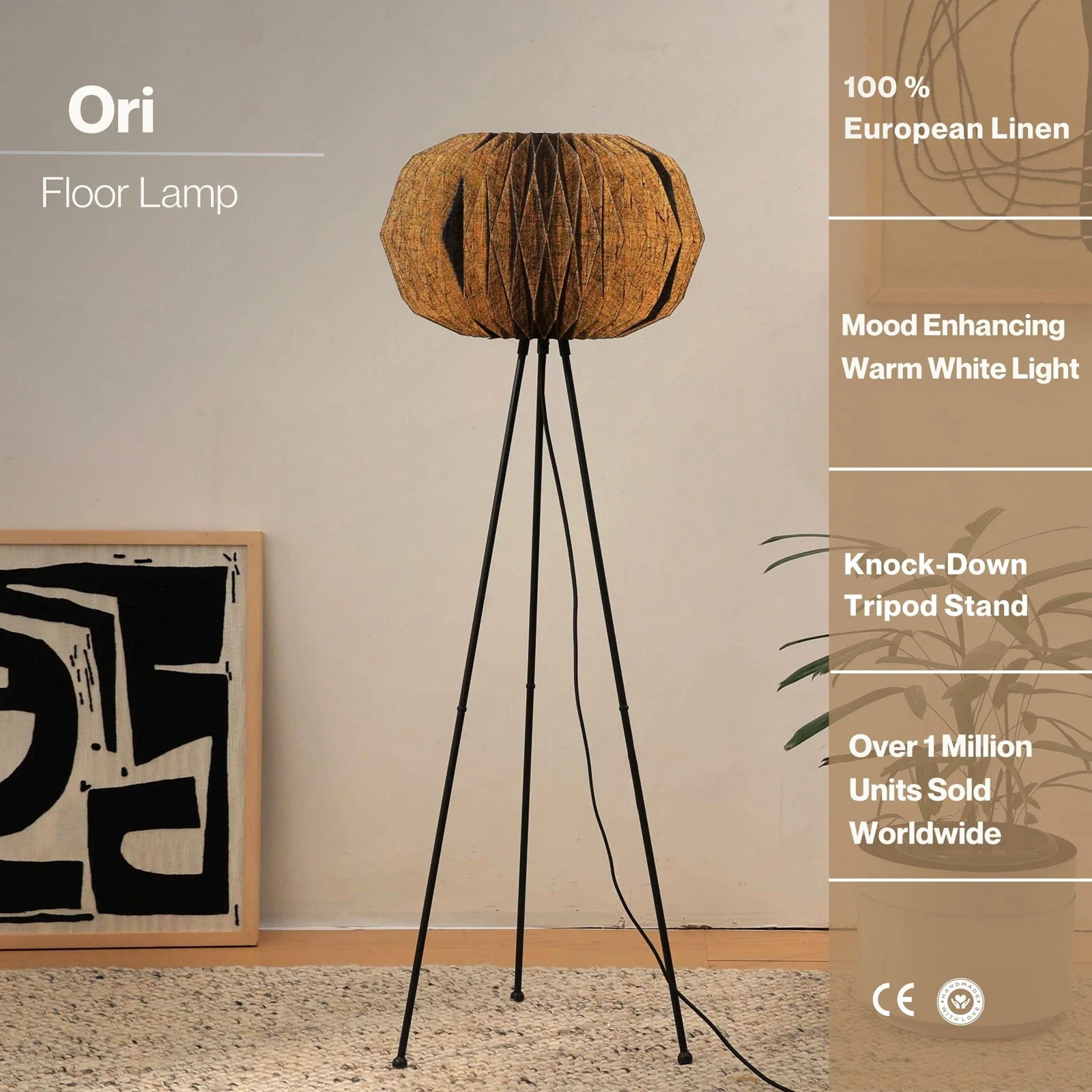 Ori Floor Lamp - Origami, Linen Floor Light, Knock Down Tripod Standing Lamp - Image 5