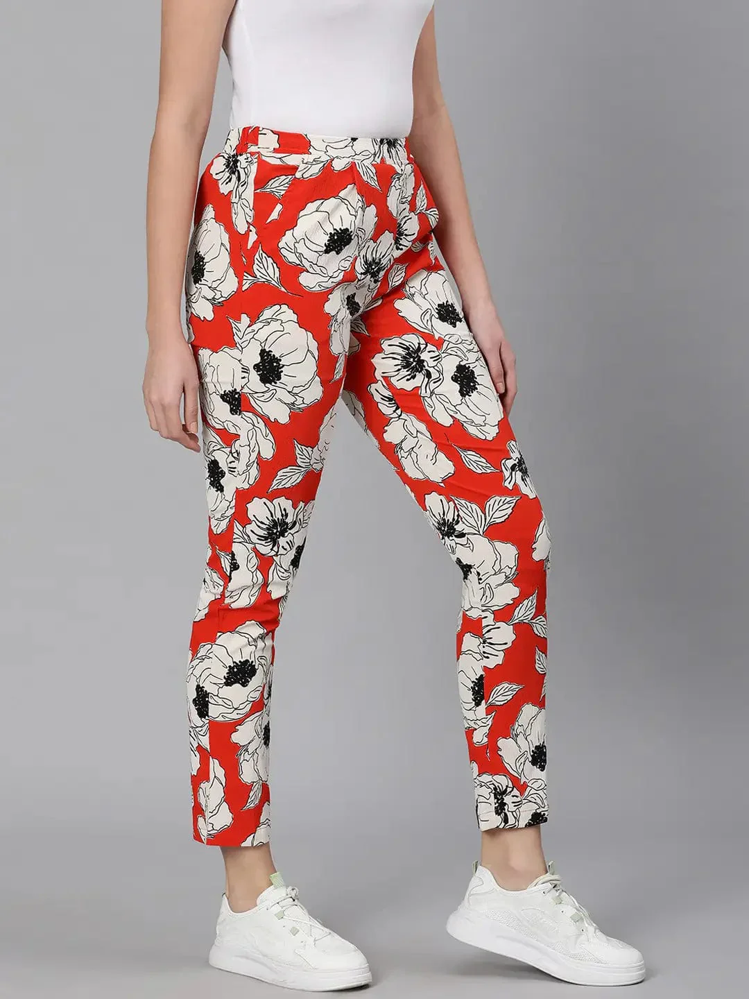 Oscar Red Floral Print Elasticated Women Pant - Image 4