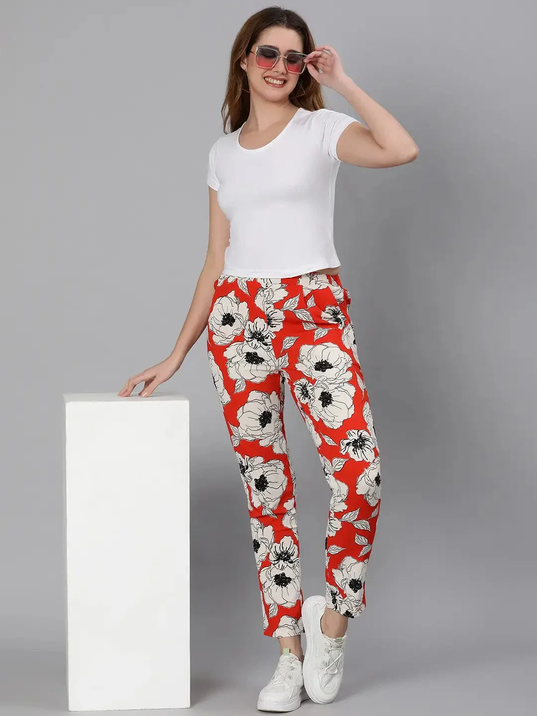 Oscar Red Floral Print Elasticated Women Pant - Image 7