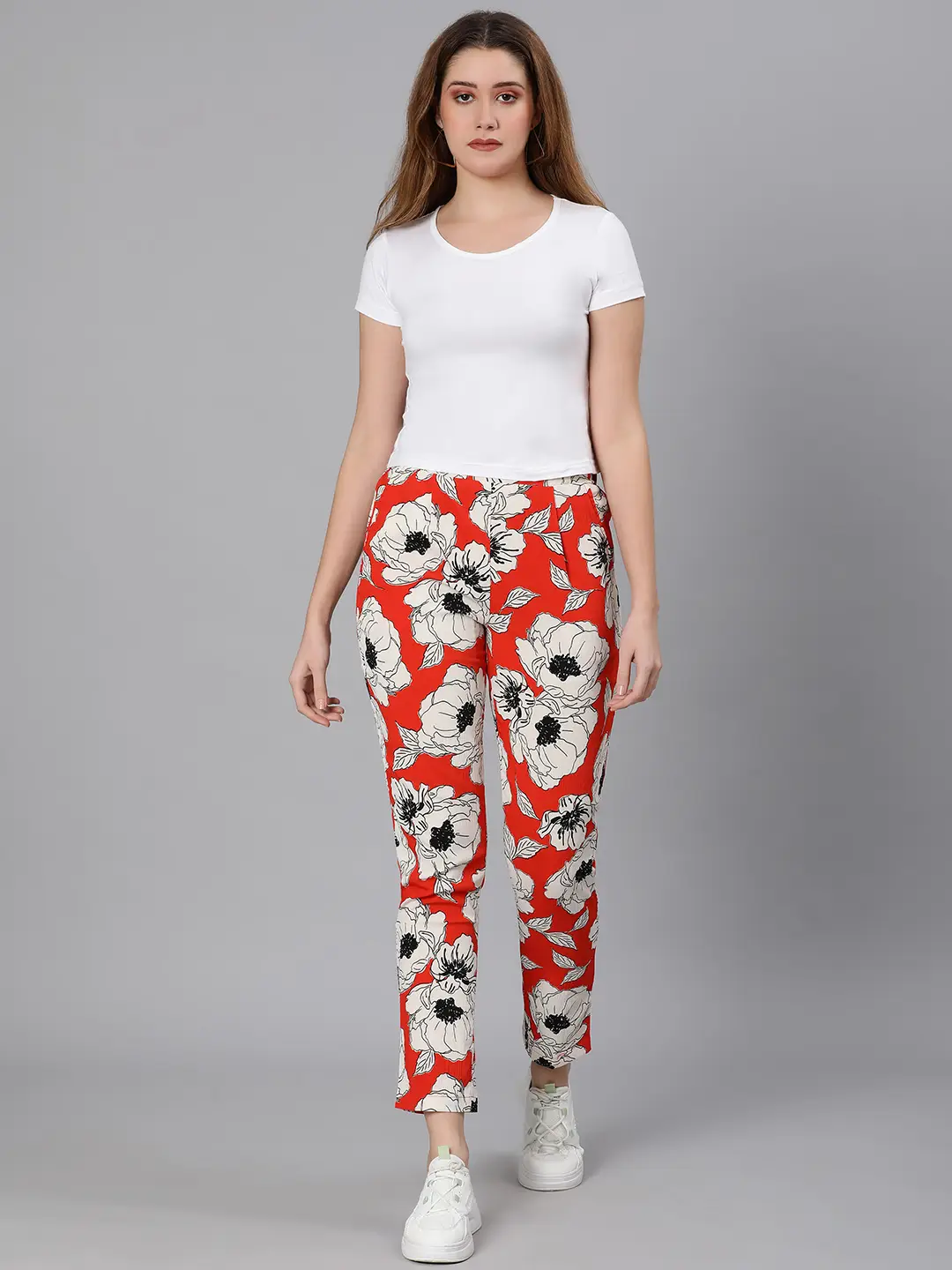 Oscar Red Floral Print Elasticated Women Pant - Image 2
