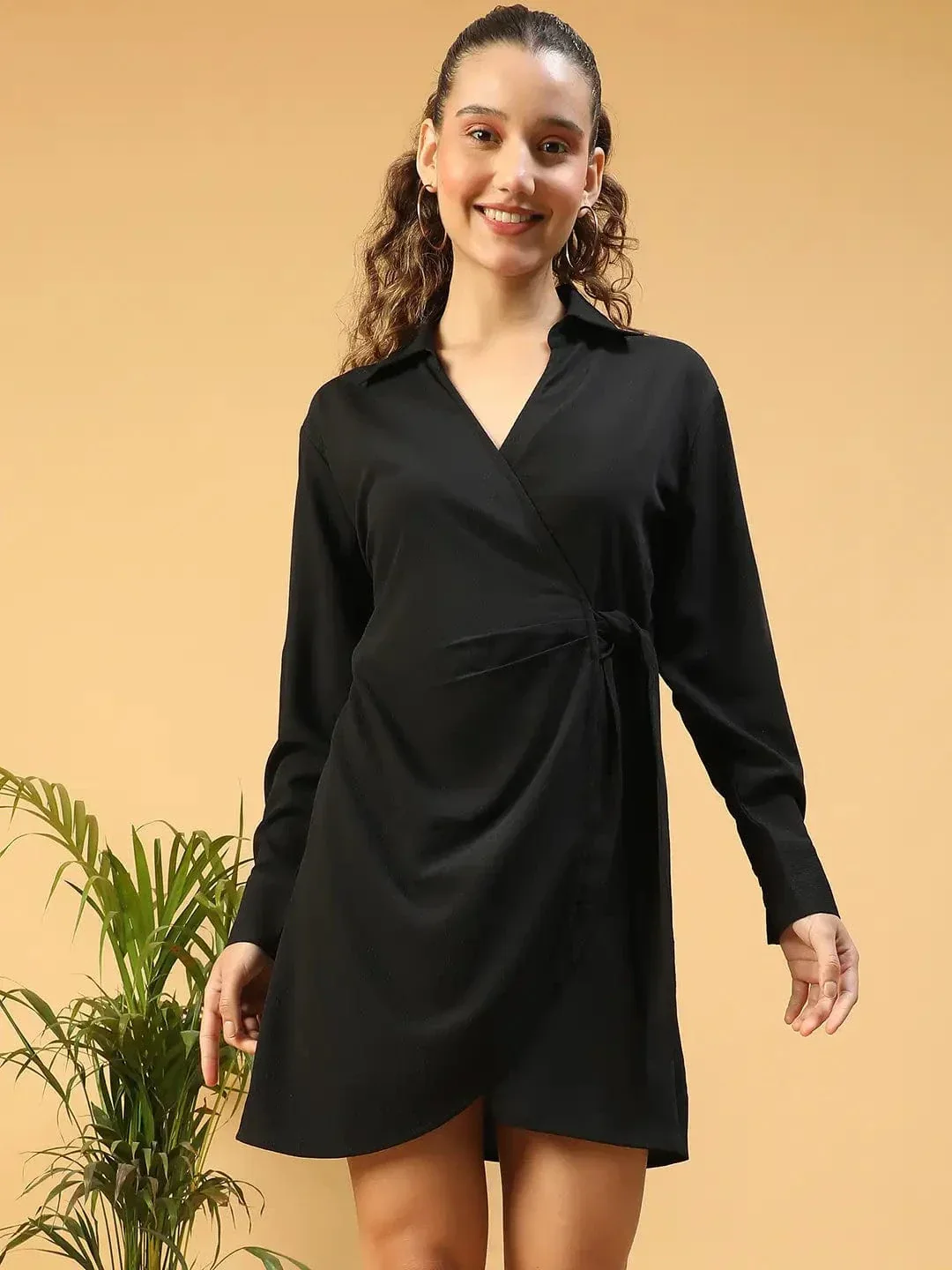 Outshine Black V-Neck Long Sleeve Tie-Knot Women Wrap Dress - Image 2