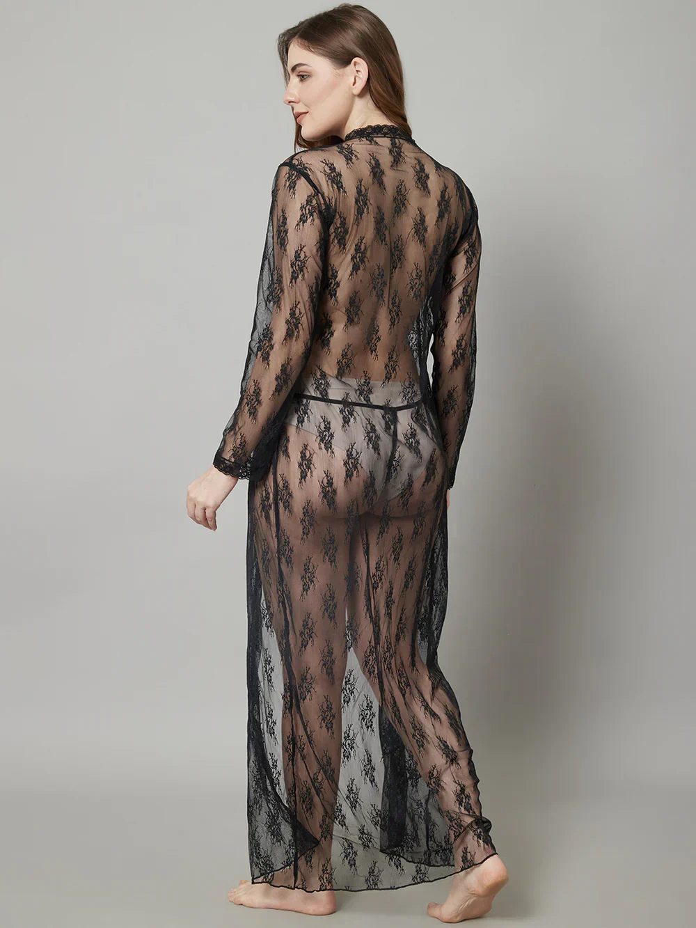 Overall Net Floral Lace Front Open Long Gown - Image 4