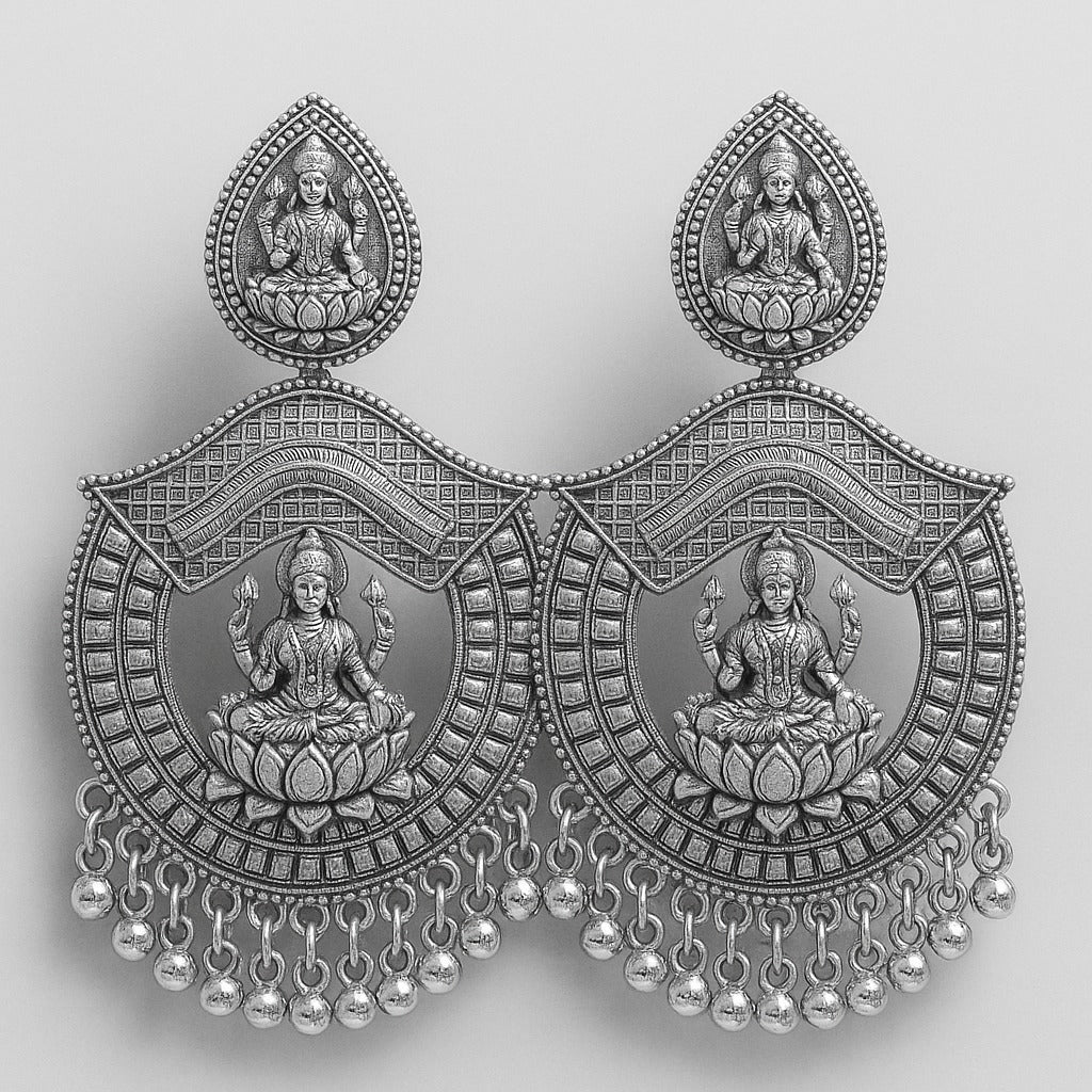 Oxidized Silver Lakshmi Temple Earrings with Lotus Motif & Beaded Drops - Image 3