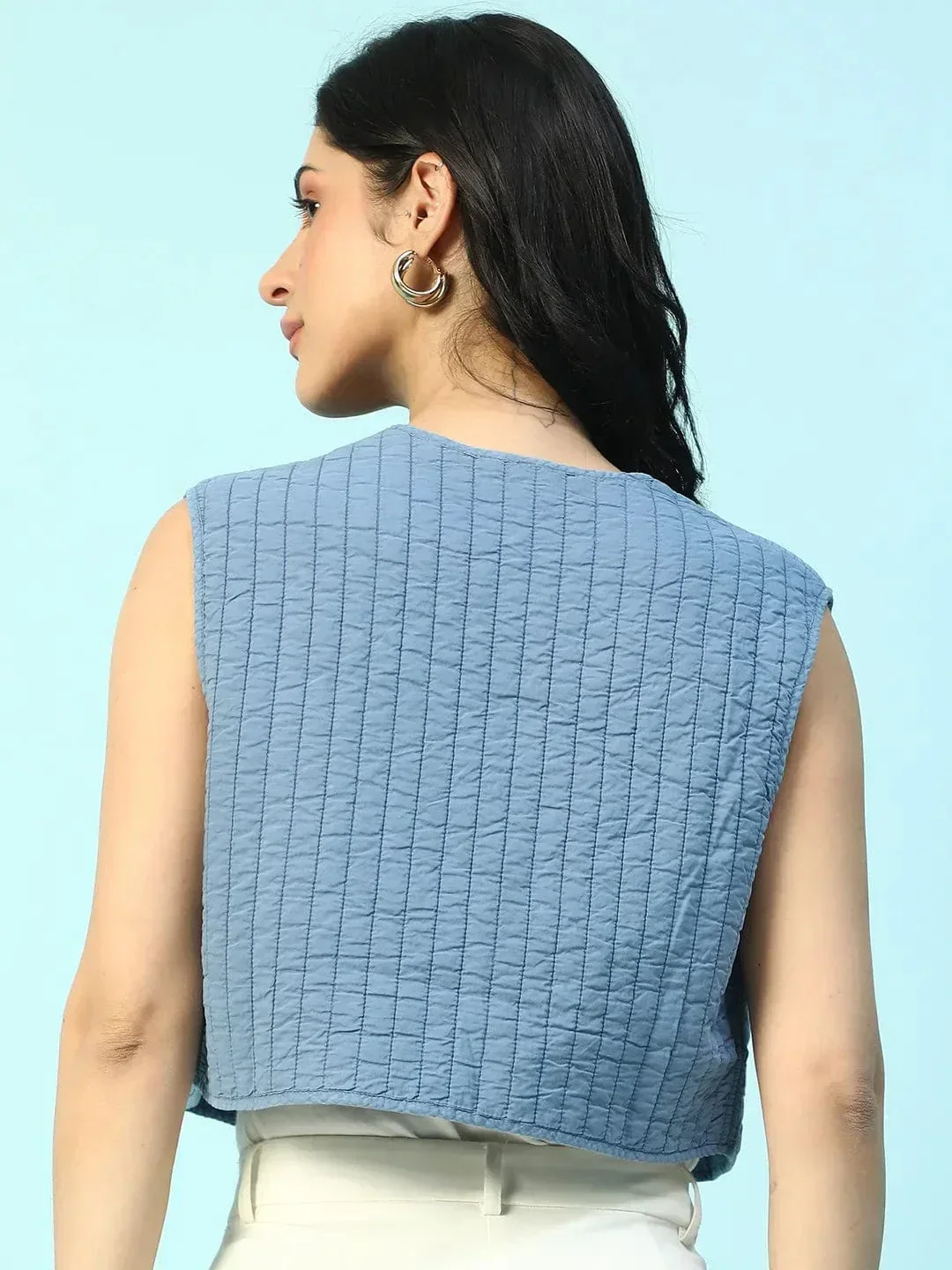 Pacific Blue Sleeveless Cotton Quilted Women Shrug - Image 5
