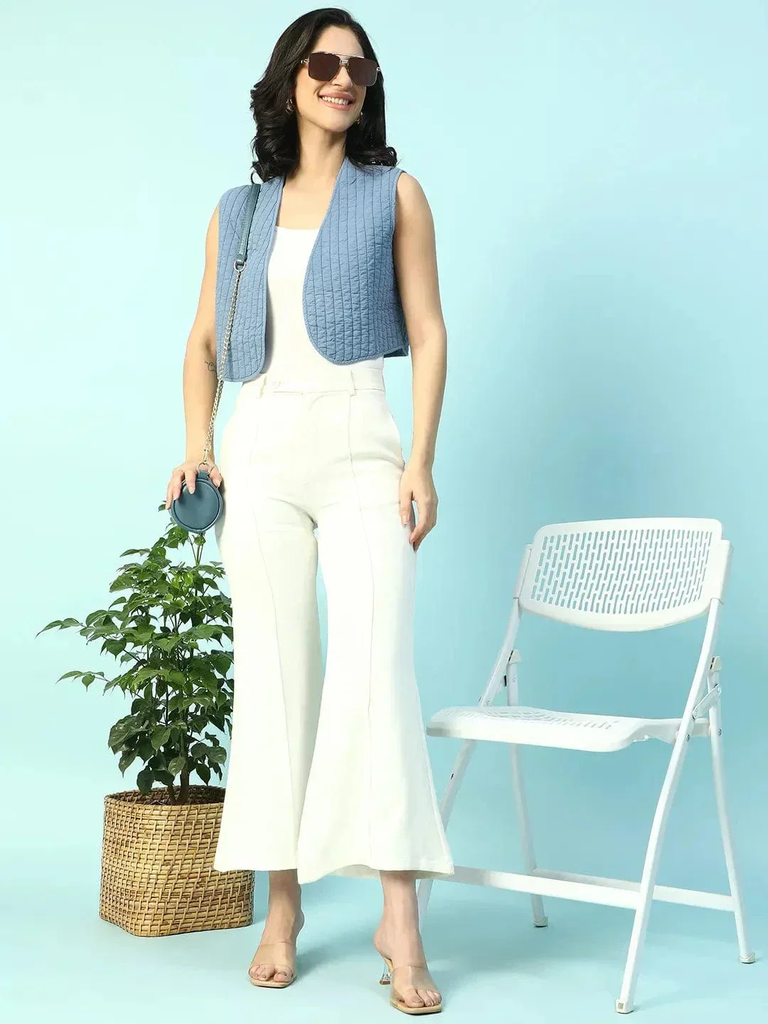 Pacific Blue Sleeveless Cotton Quilted Women Shrug - Image 8