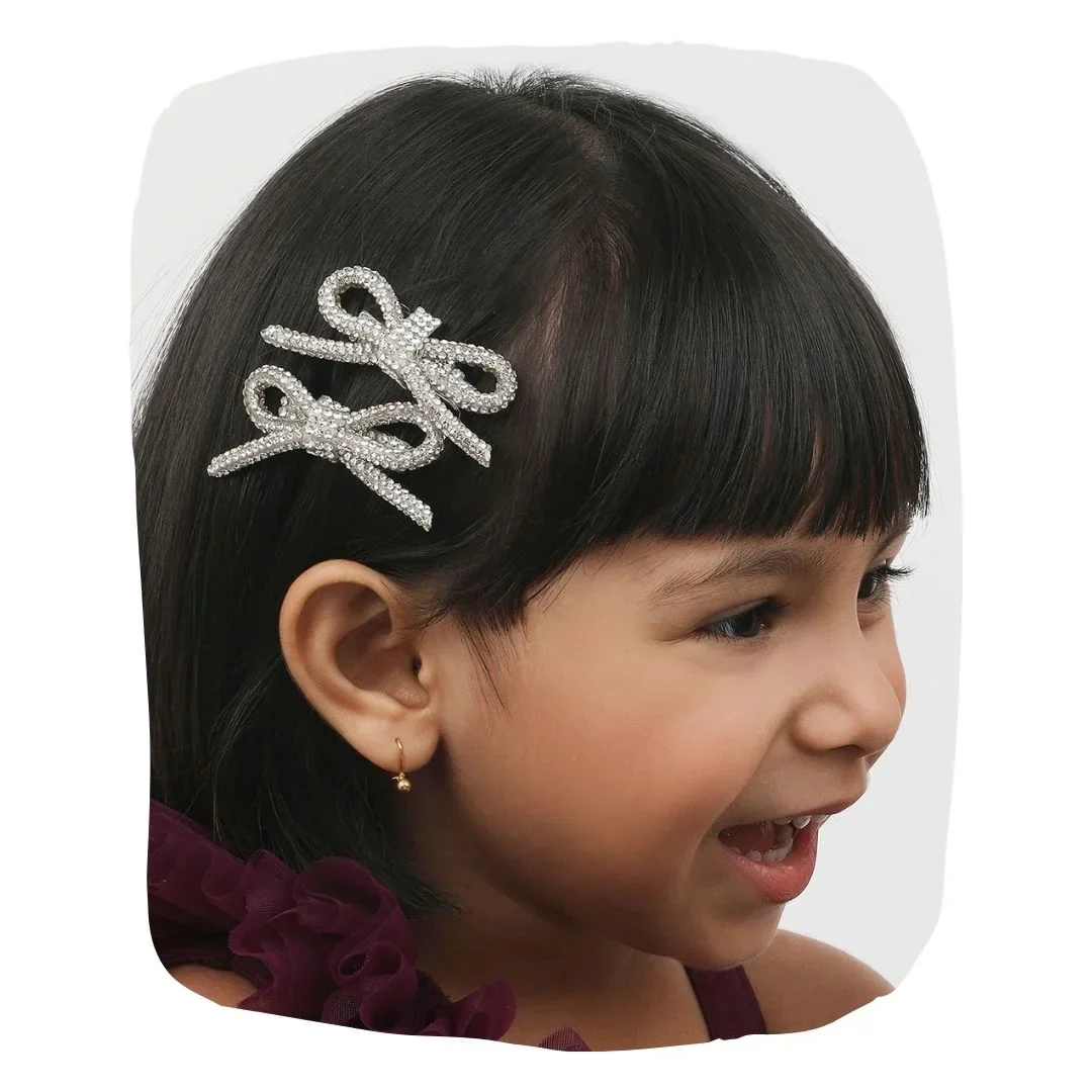 Pair of Silver Rhinestone Bow Hair Pins- Small - Image 6