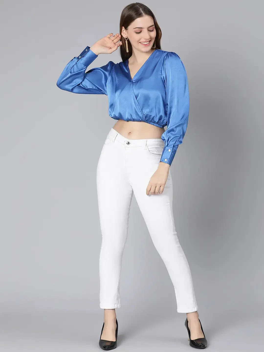 Party Wear Solid Blue Elasticated Women Partywear Satin Crop Top - Image 2