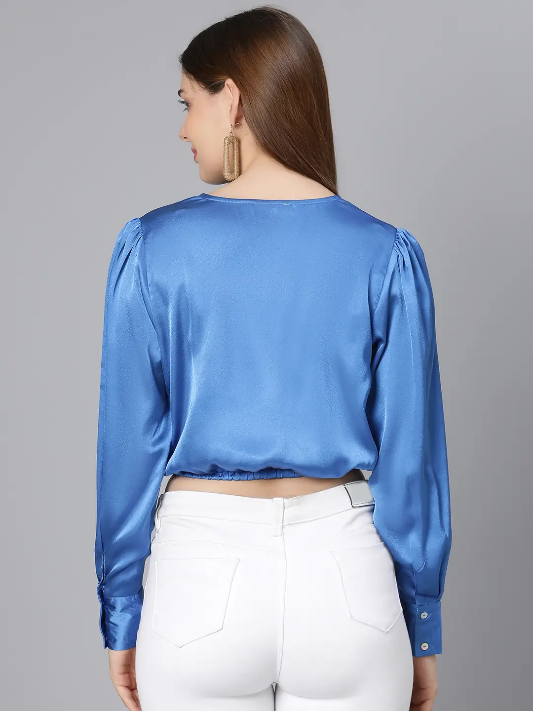 Party Wear Solid Blue Elasticated Women Partywear Satin Crop Top - Image 5