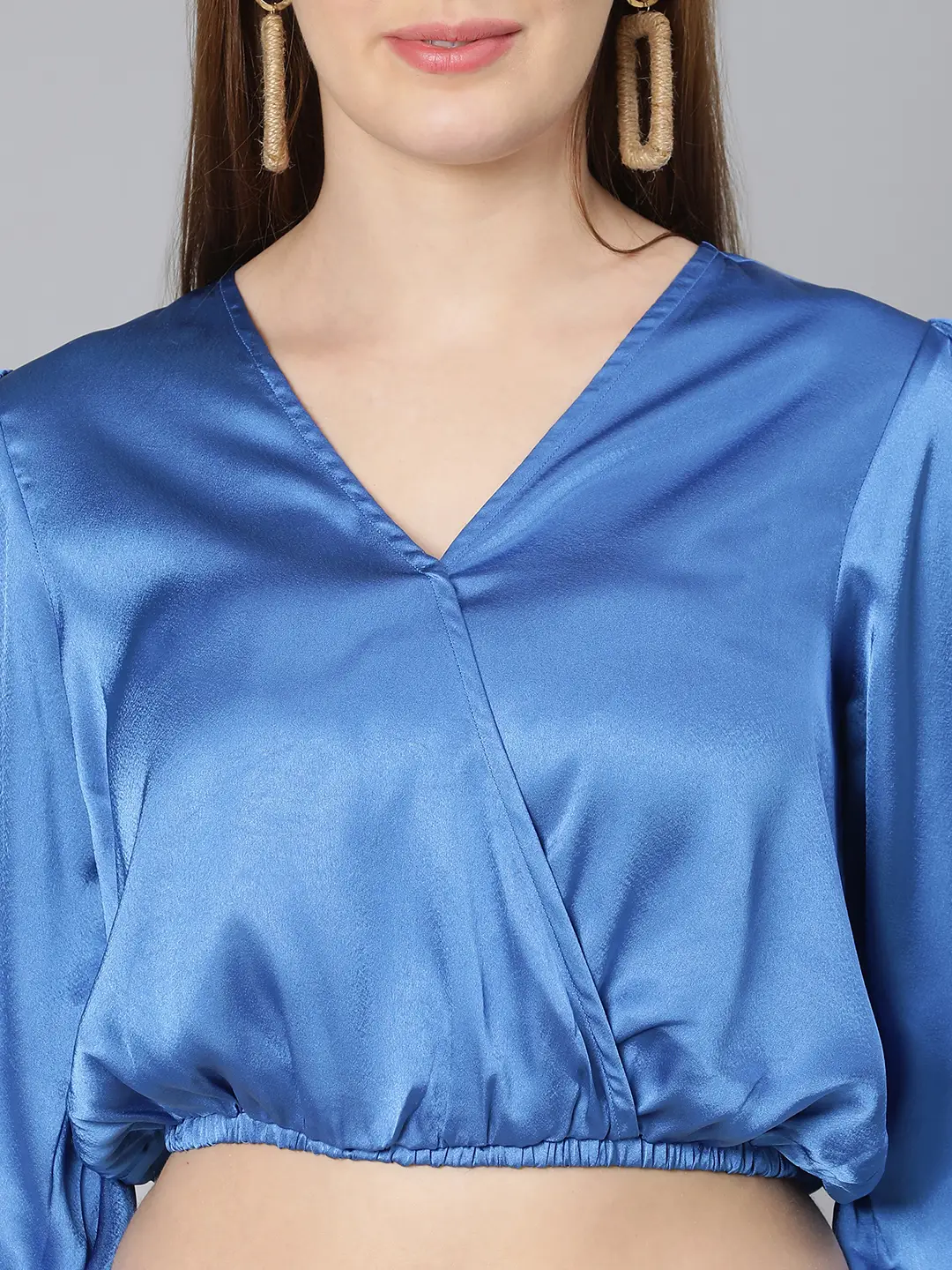 Party Wear Solid Blue Elasticated Women Partywear Satin Crop Top - Image 6