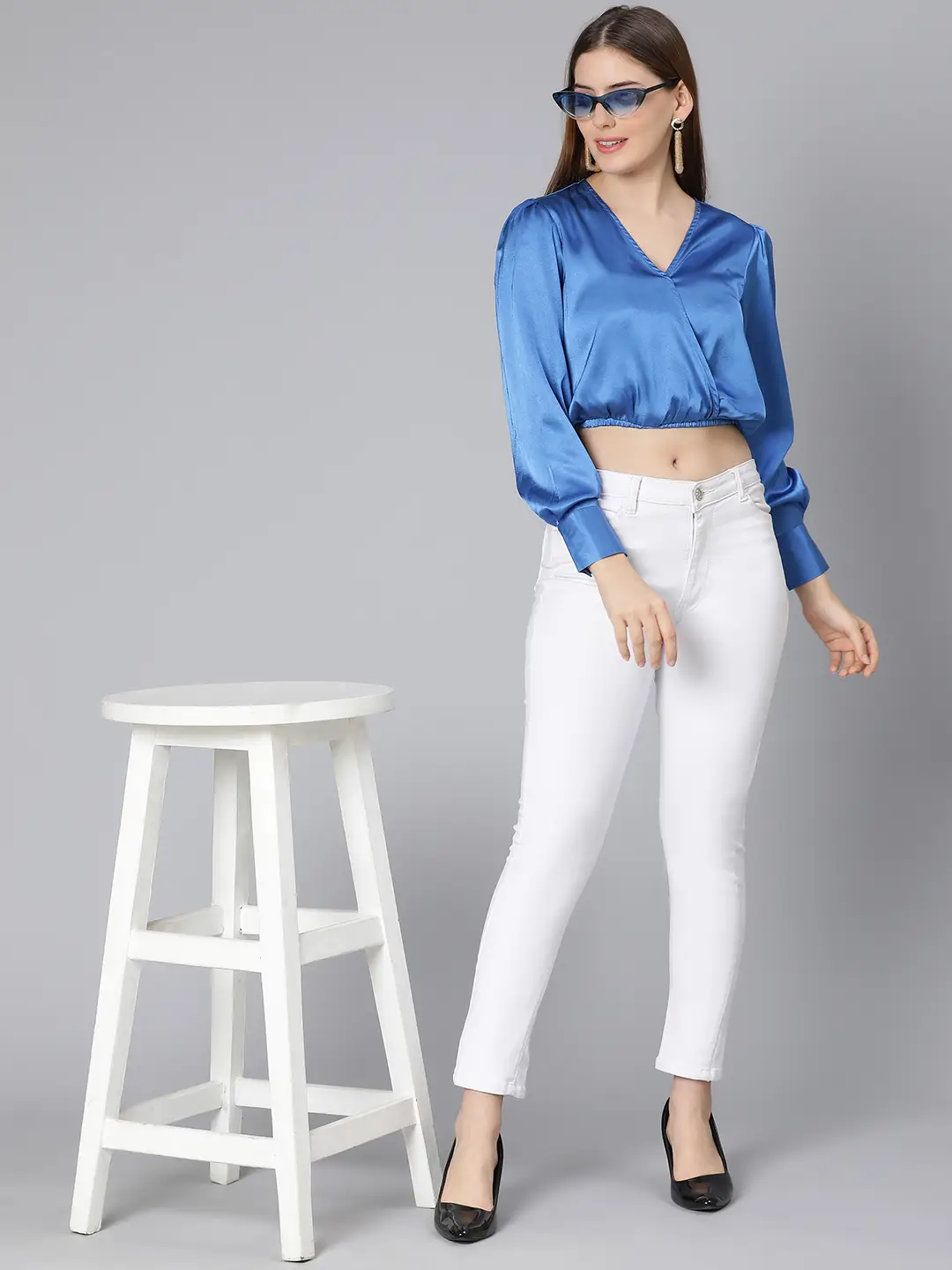 Party Wear Solid Blue Elasticated Women Partywear Satin Crop Top - Image 7