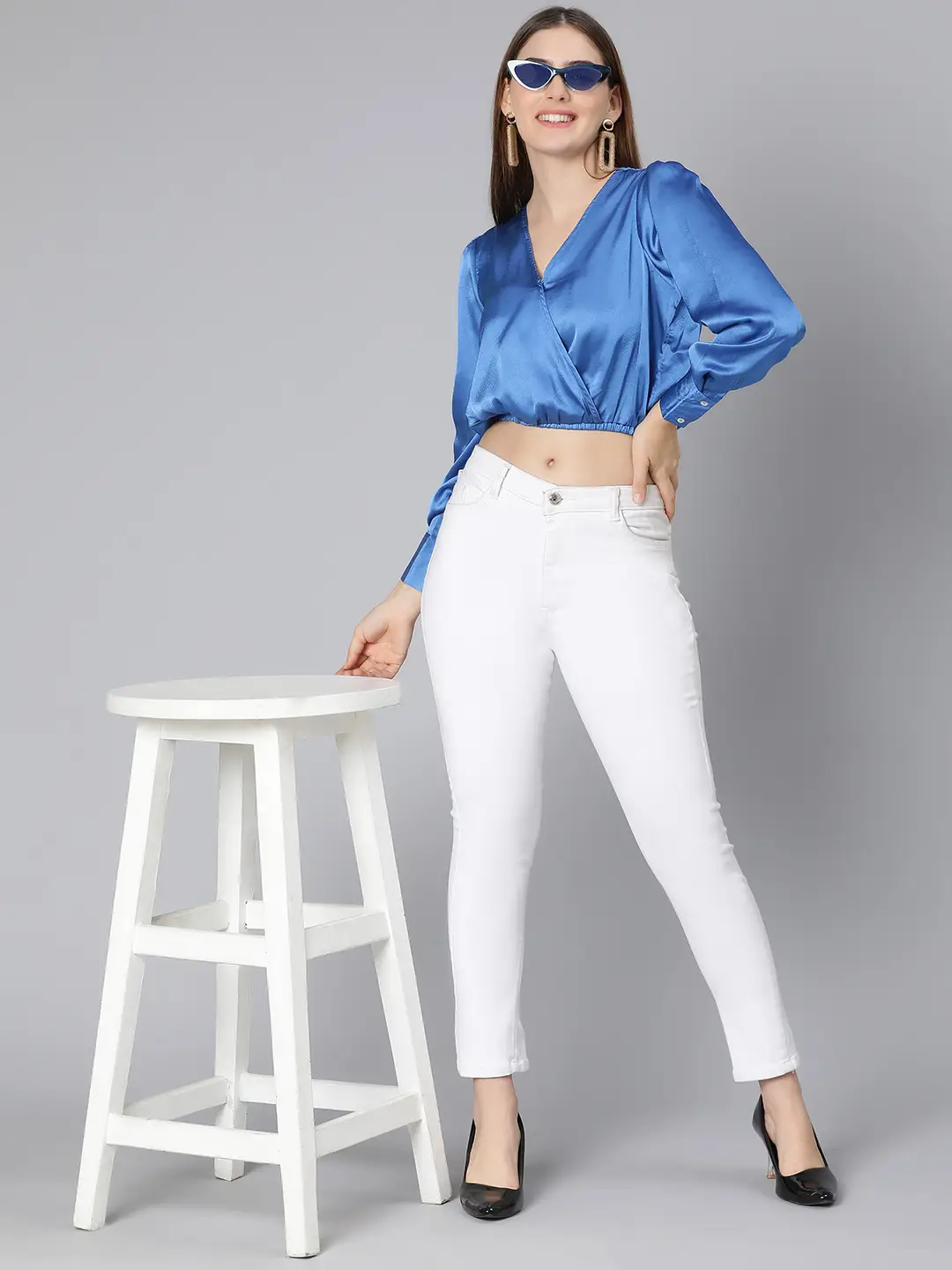 Party Wear Solid Blue Elasticated Women Partywear Satin Crop Top - Image 8