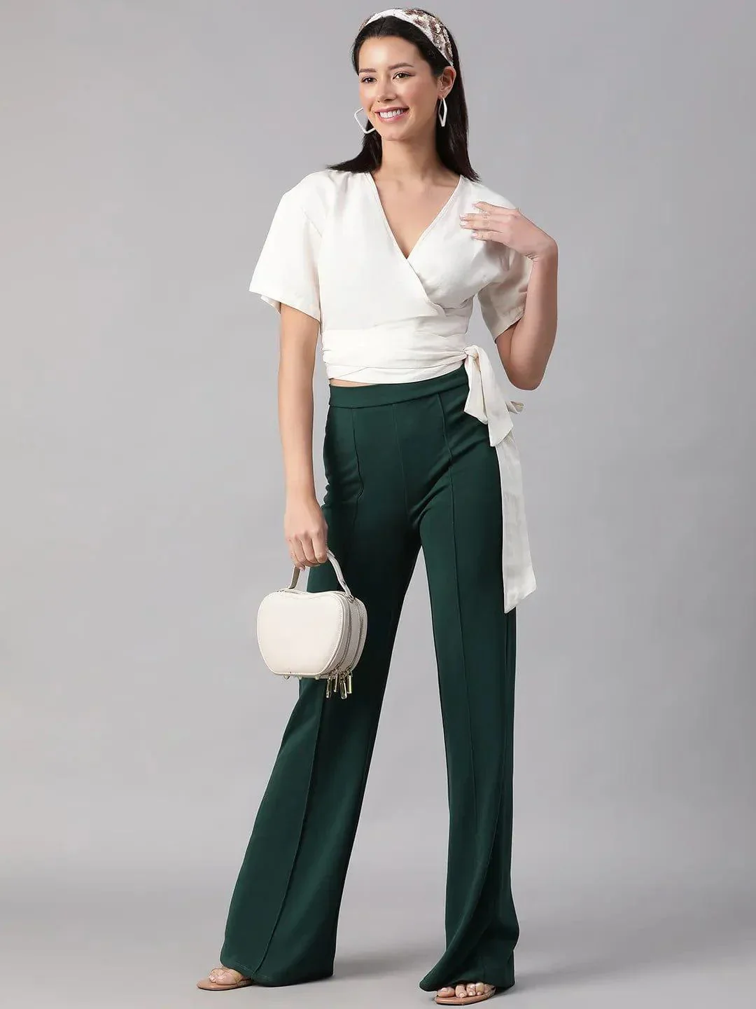 Party White V-Neck Short Sleeve Tie-Knot Belt Crop Top - Image 8
