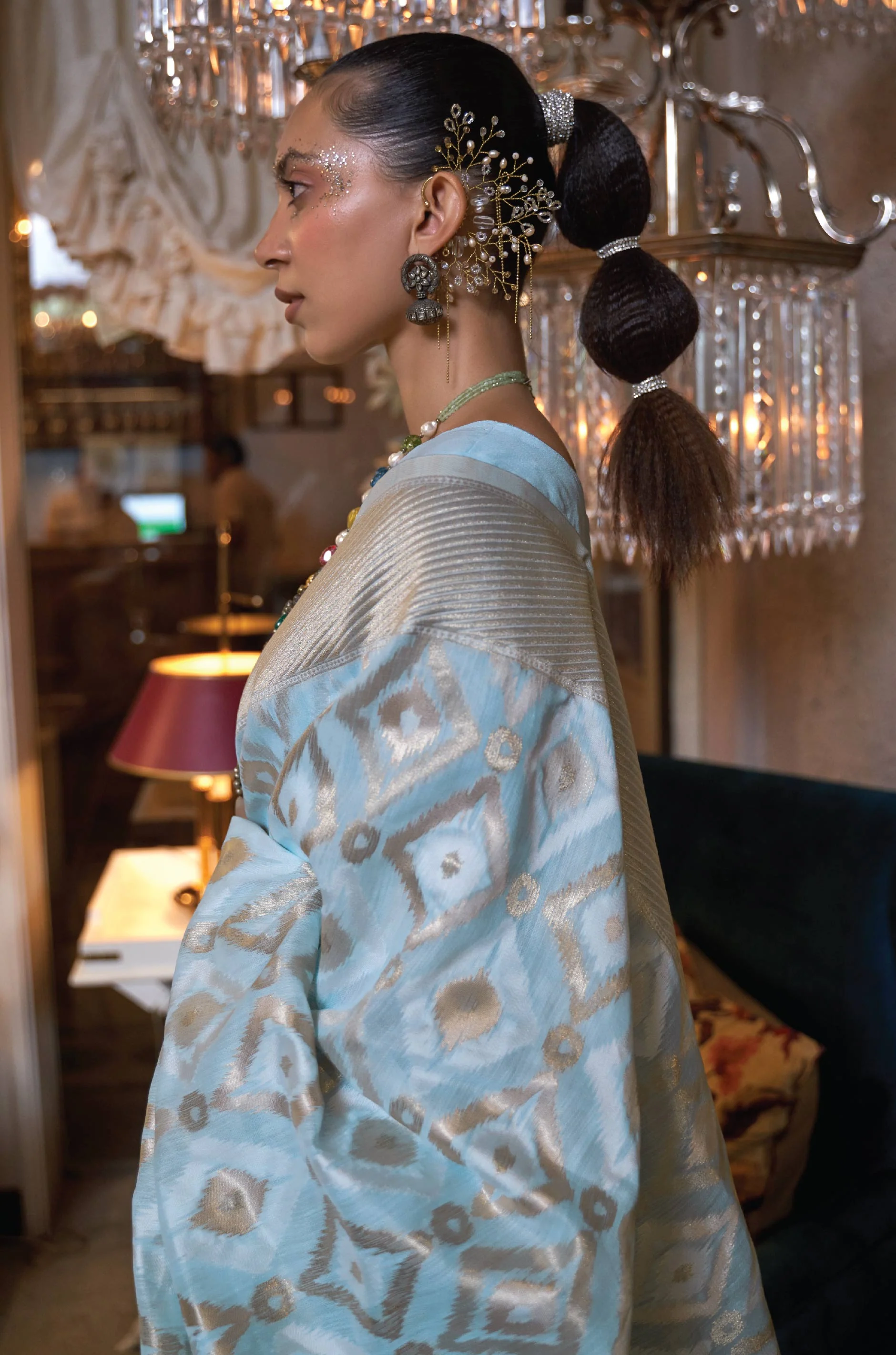 Pastel Blue Woven Linen Saree - Image 5