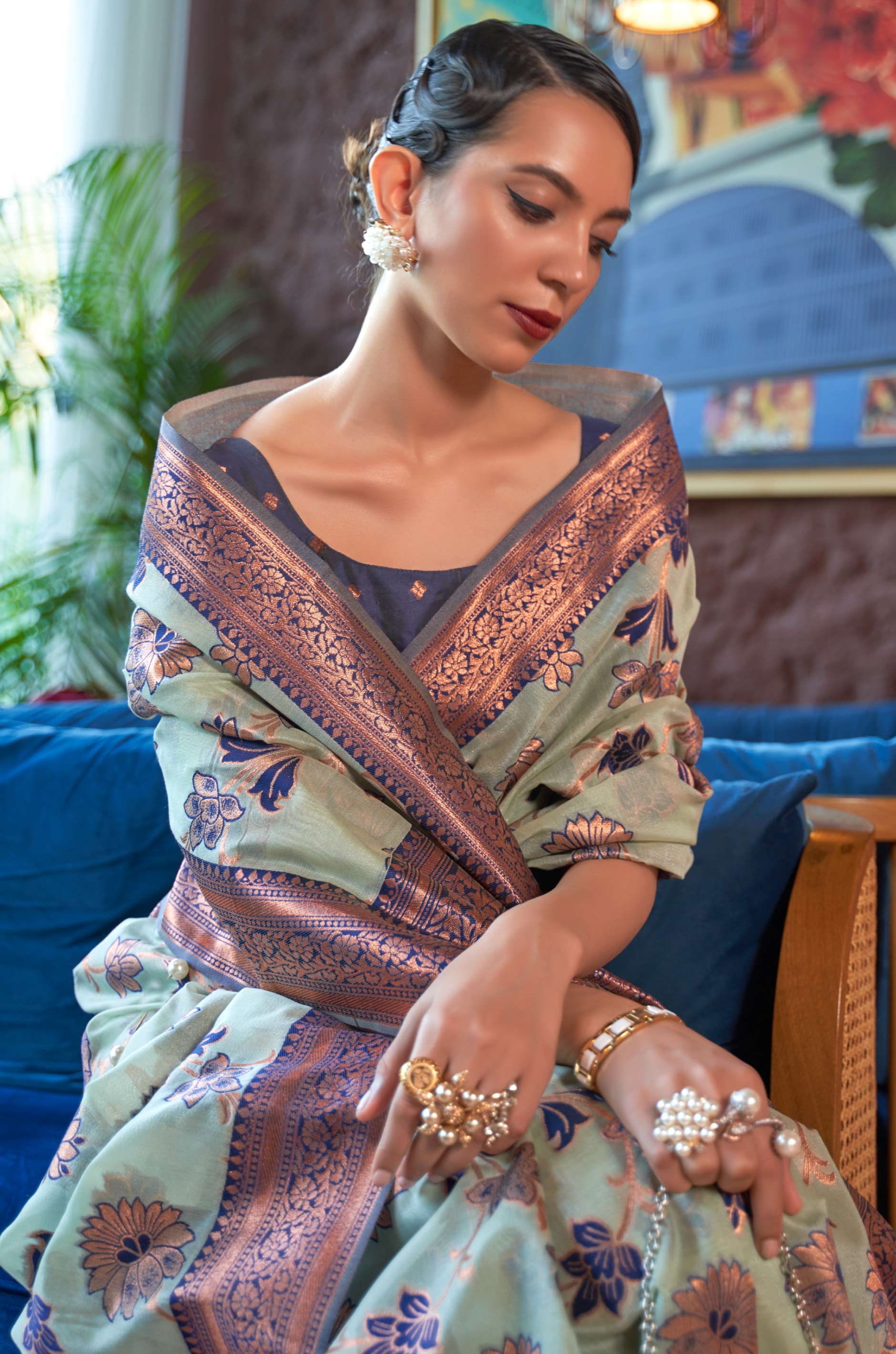 Pastel Green Floral Woven Organza Silk Saree - Image 5