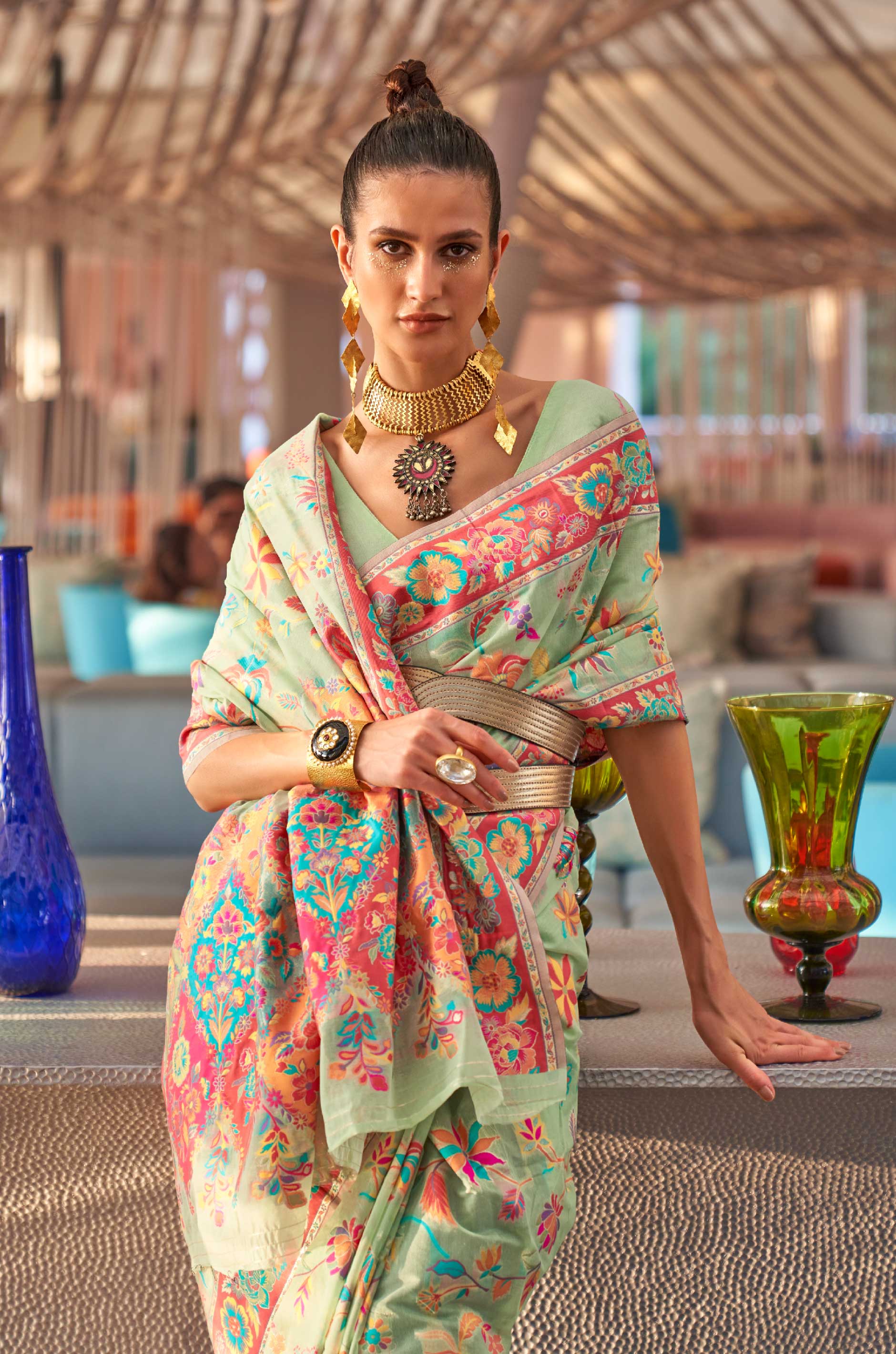 Pastel Green Floral Woven Silk Saree - Image 5