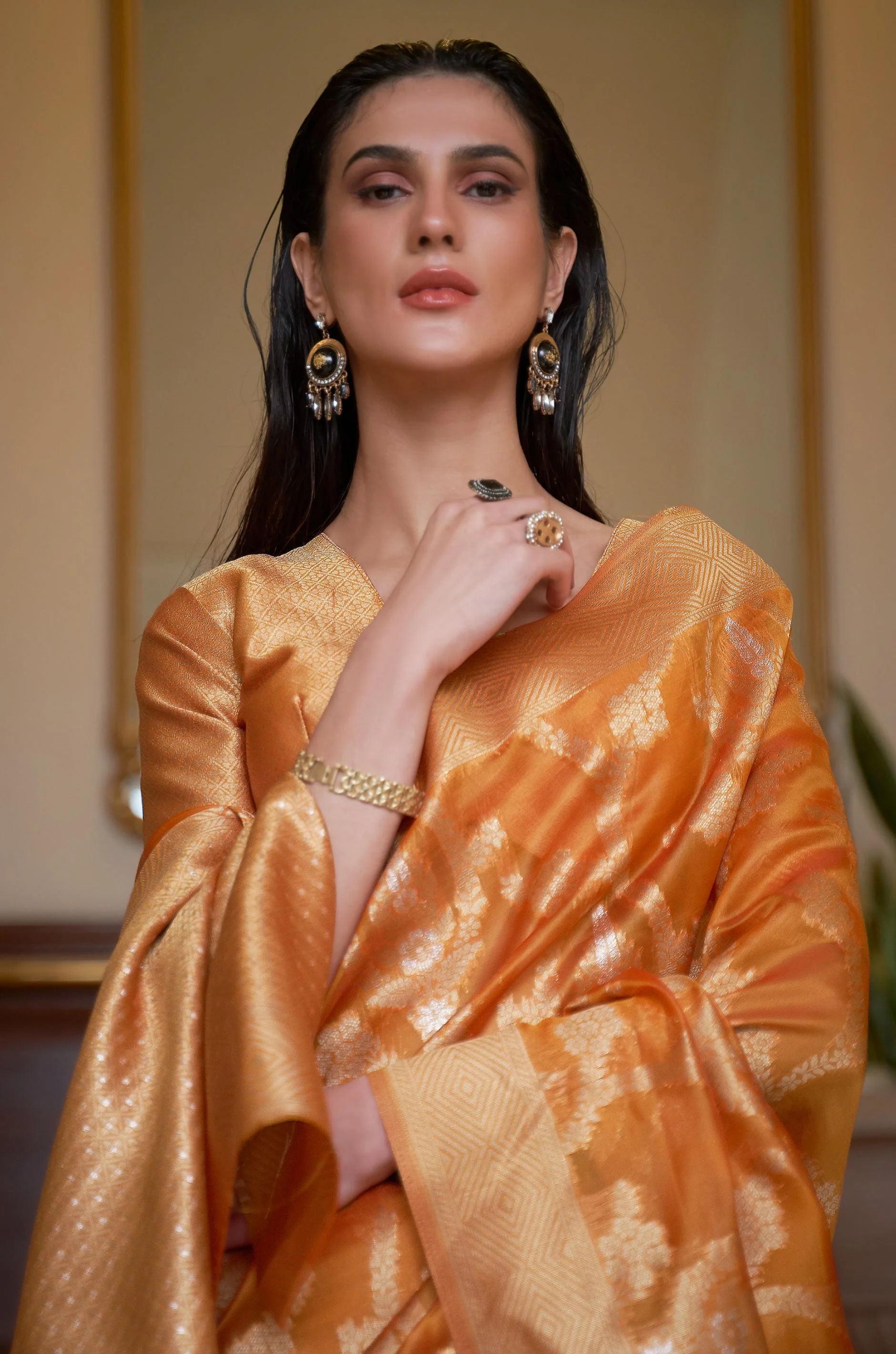 Pastel Orange Organza Woven Saree - Image 4