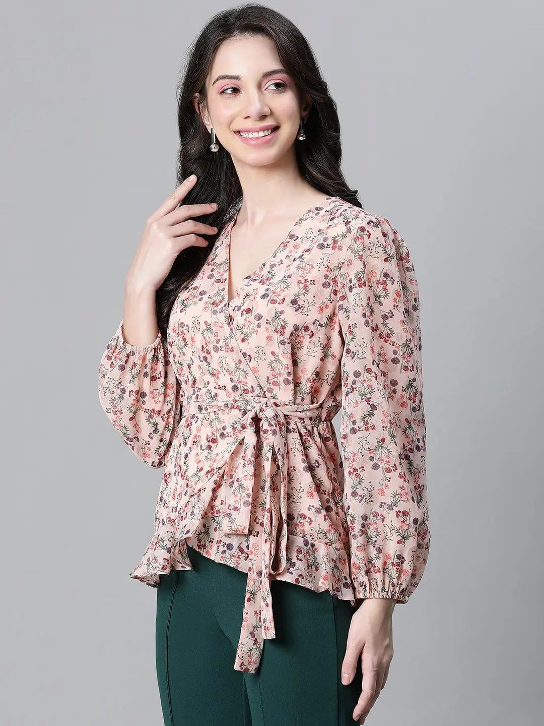 Pastel Peach Floral Lurex Print Tie-Knot Belted Party Top - Image 3