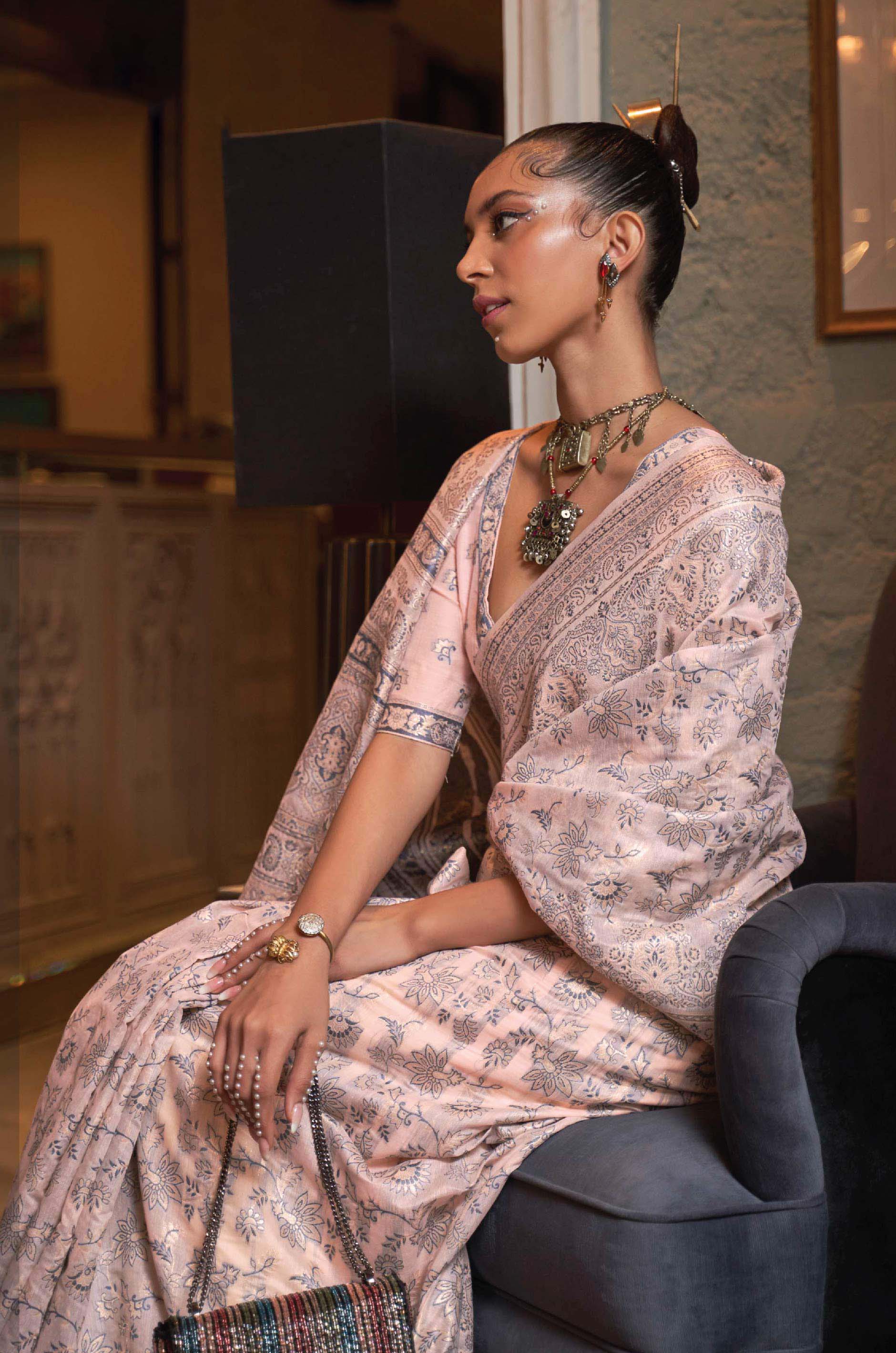 Pastel Peach Floral Woven Silk Saree - Image 5