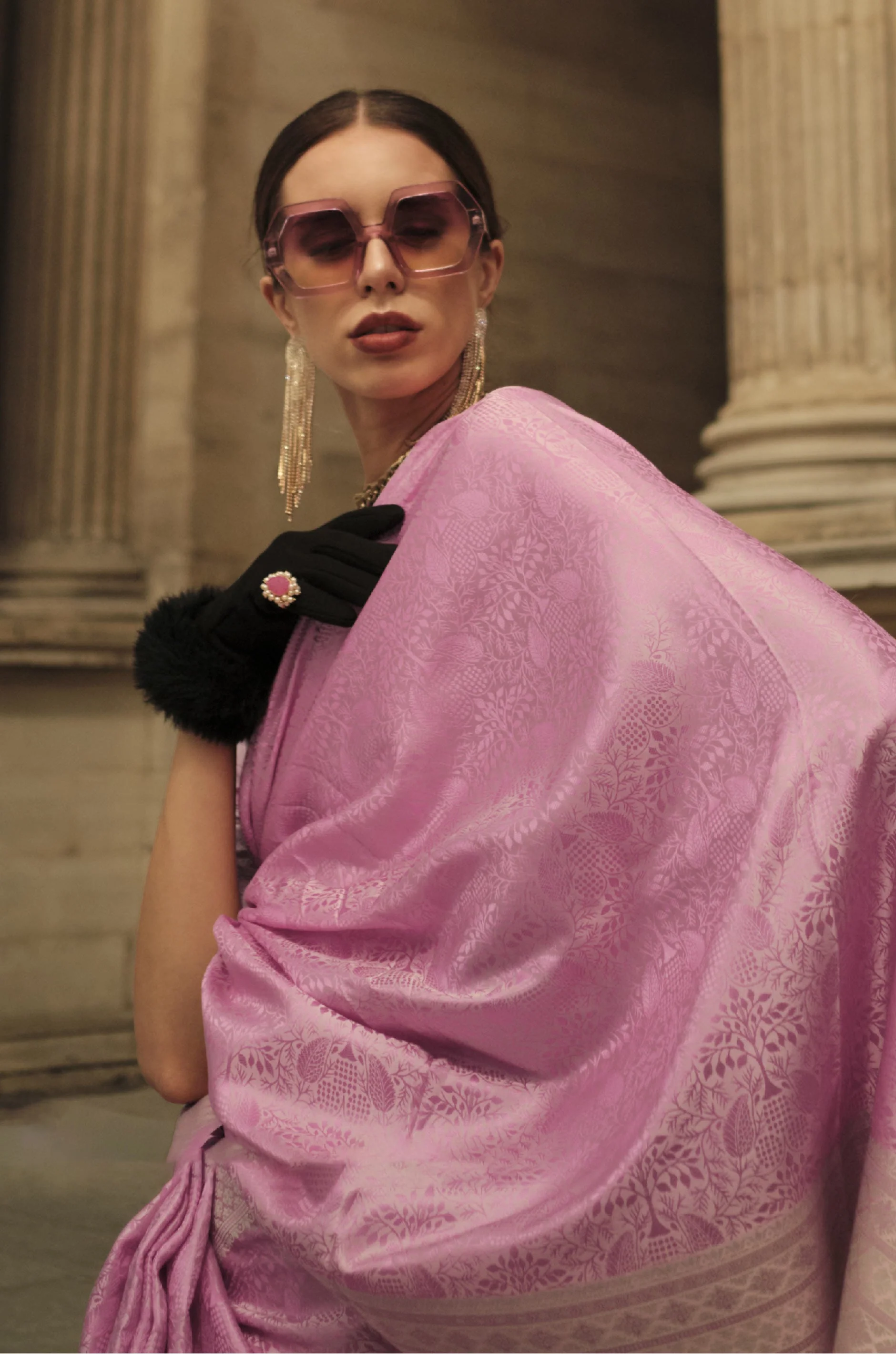 Pastel Pink Woven Satin Silk Saree - Image 2