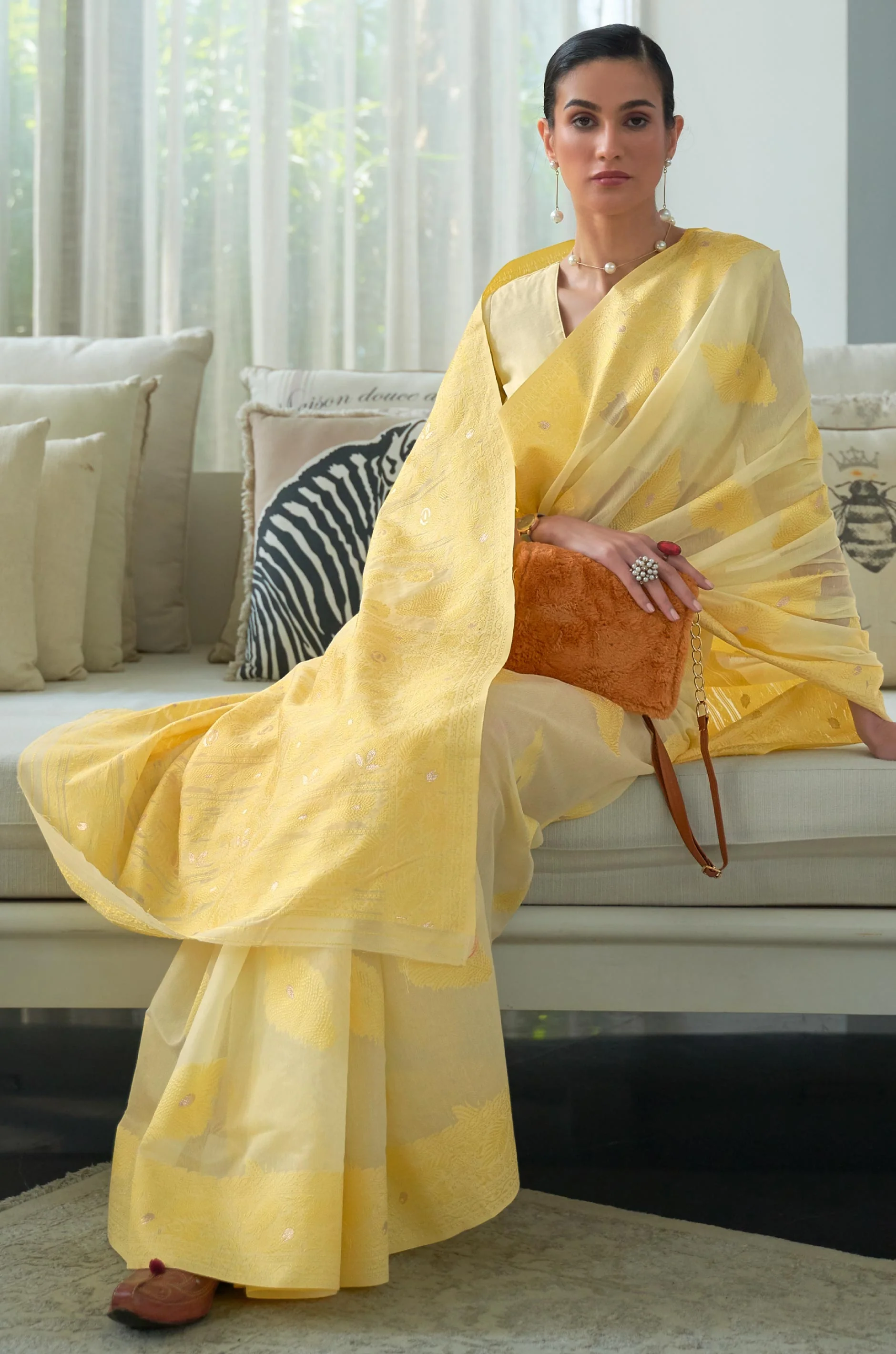 Pastel Yellow Woven Chikankari Banarasi Saree - Image 5