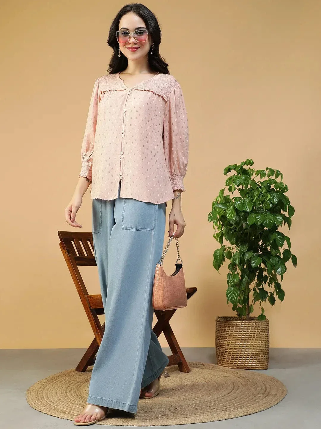 Peach Button Down Top - Women's Long Sleeve V Neck Blouse With Ruffle Detail - Image 2