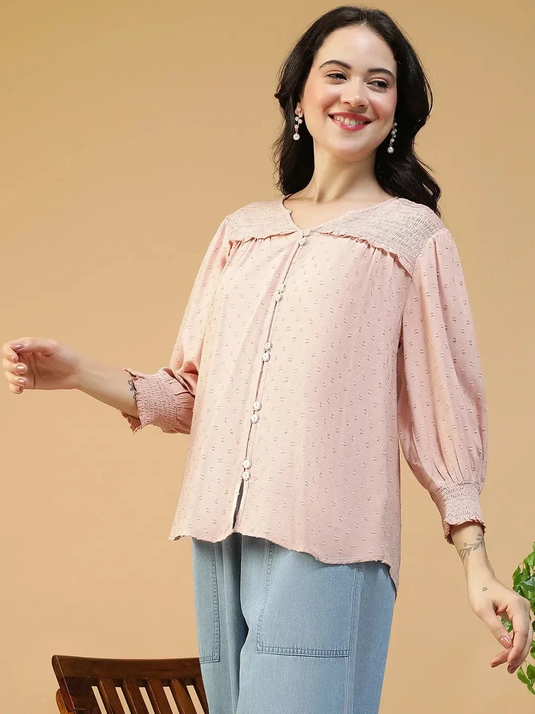 Peach Button Down Top - Women's Long Sleeve V Neck Blouse With Ruffle Detail - Image 3