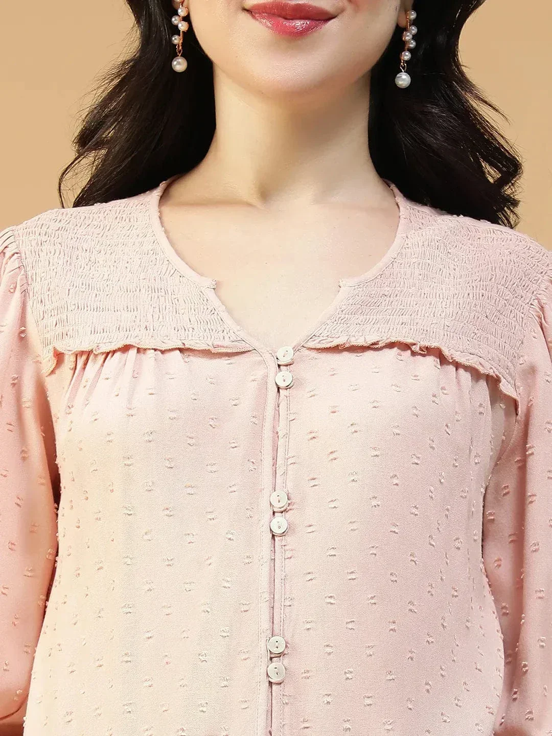 Peach Button Down Top - Women's Long Sleeve V Neck Blouse With Ruffle Detail - Image 6