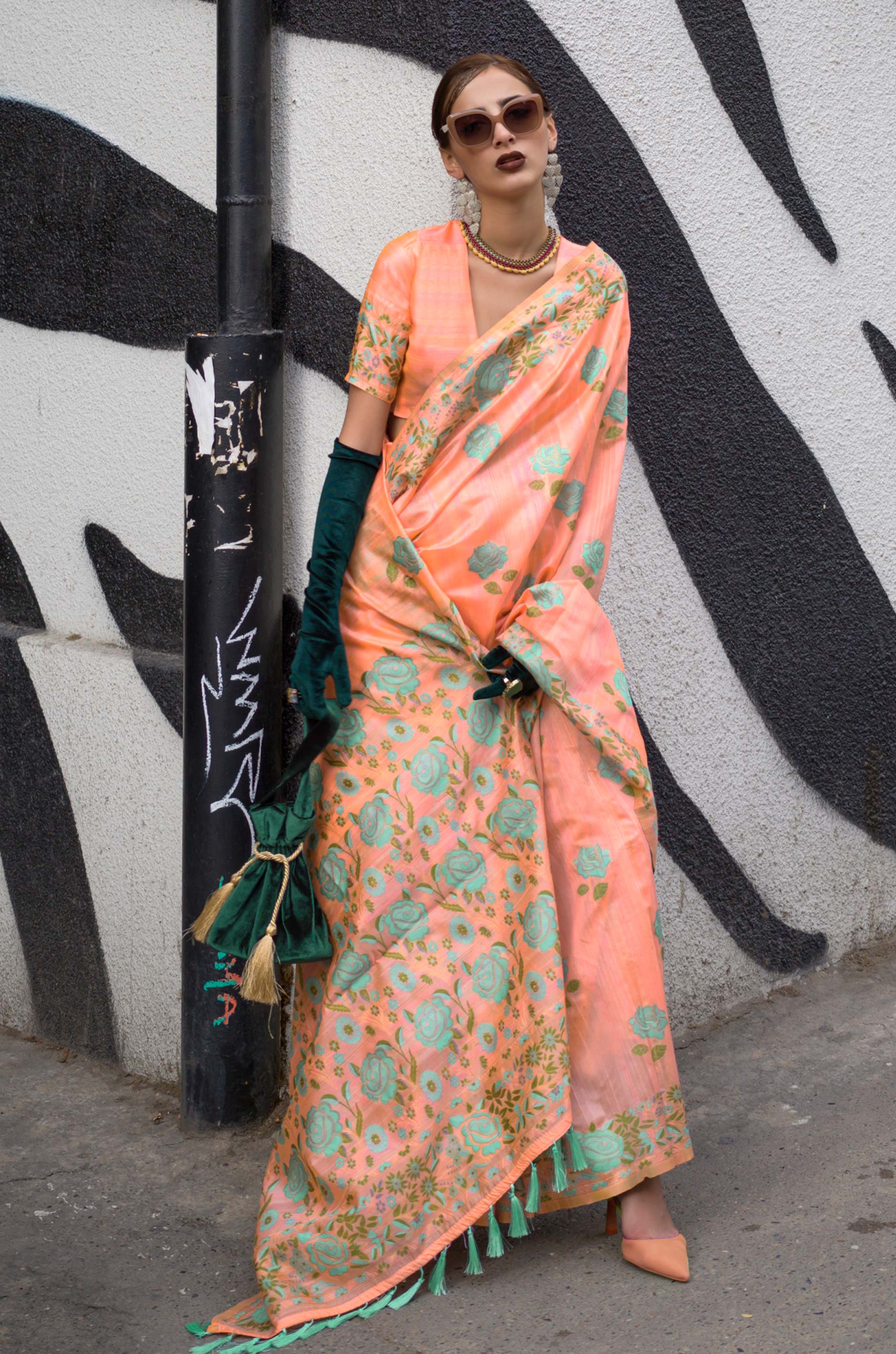 Peach Floral Parsi Woven Silk Saree