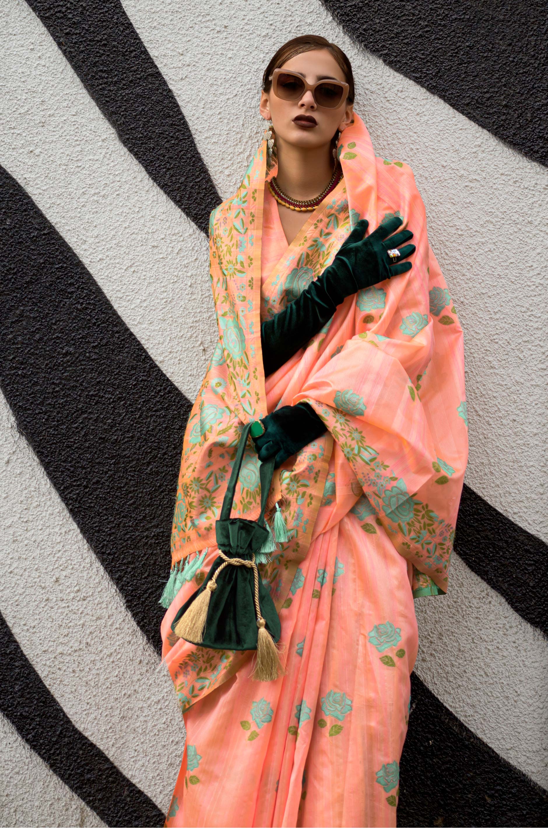 Peach Floral Parsi Woven Silk Saree - Image 3