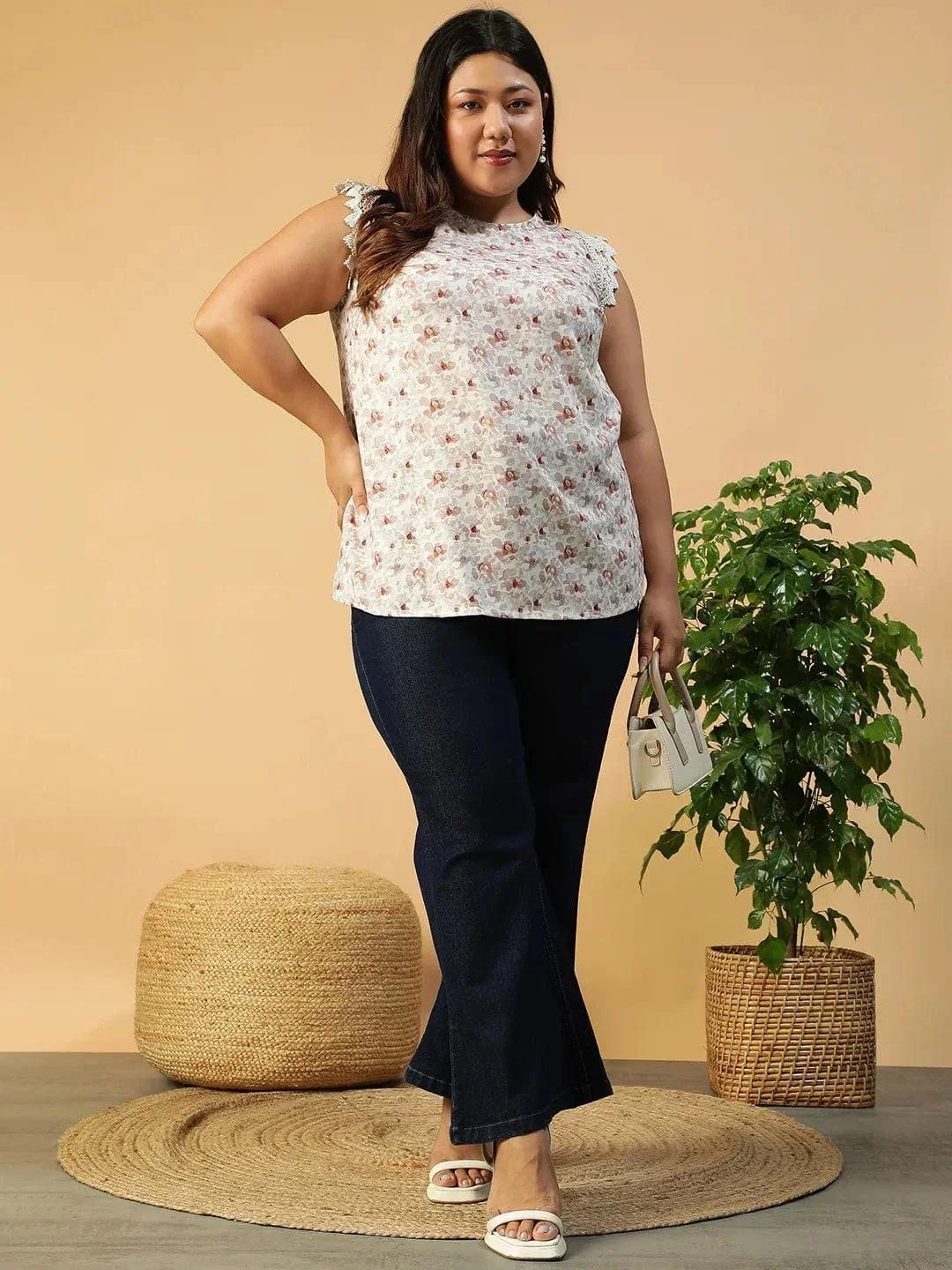 Peach Floral Print Lace Detail Cap Sleeve Plus Size Women Top - Image 8