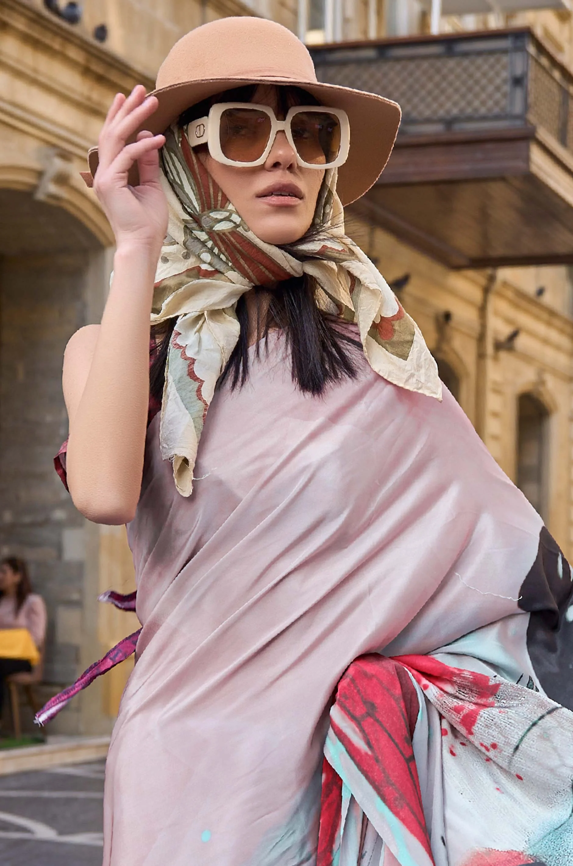 Peach Multicolour Digital Print Crepe Silk Saree - Image 2