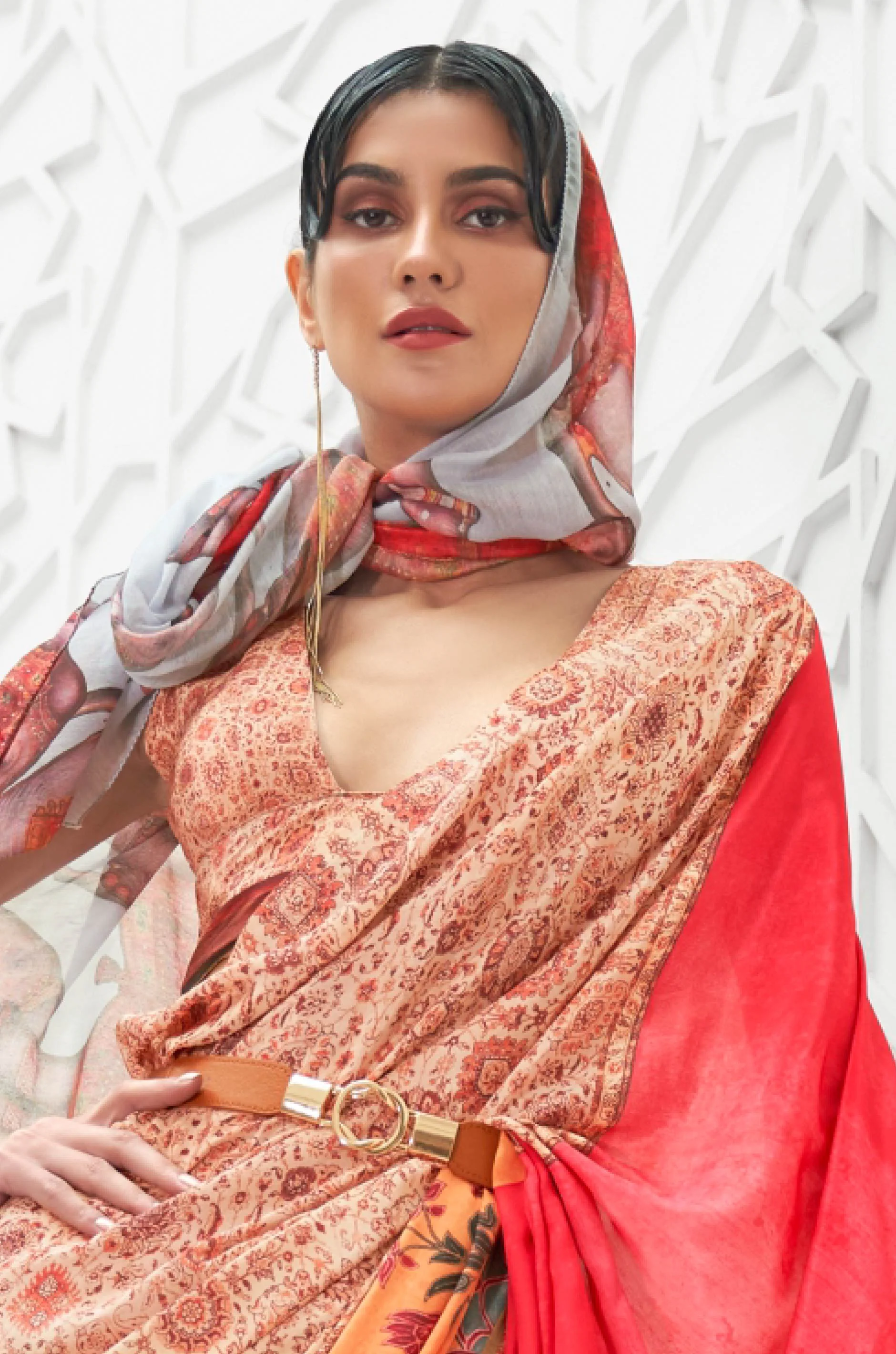 Peach Multicolour Satin Crepe Saree - Image 4