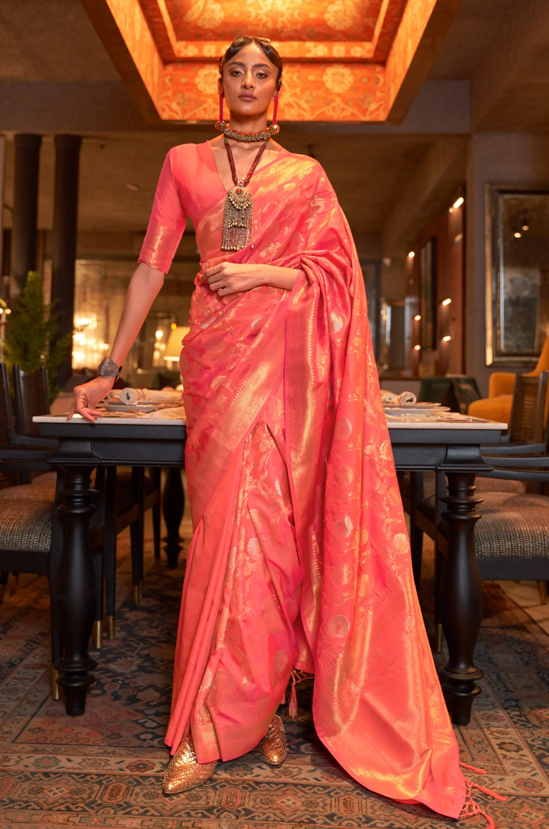 Peach Pink Woven Banarasi Silk Saree