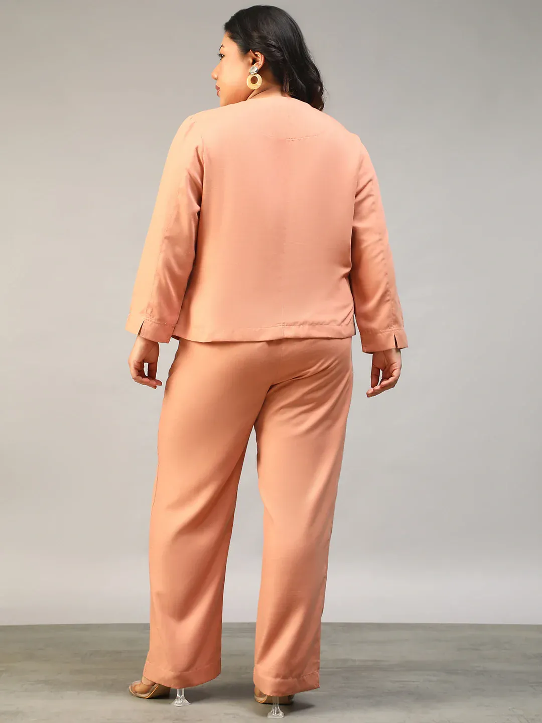 Peach Plus Size Women Co-Ord Set With Button-Down Top - Image 3