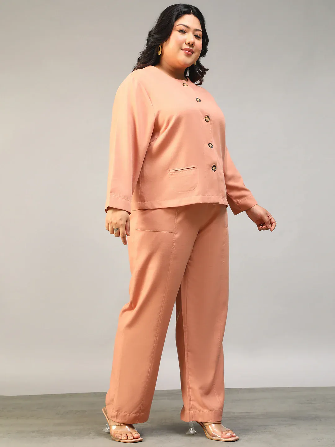 Peach Plus Size Women Co-Ord Set With Button-Down Top - Image 6