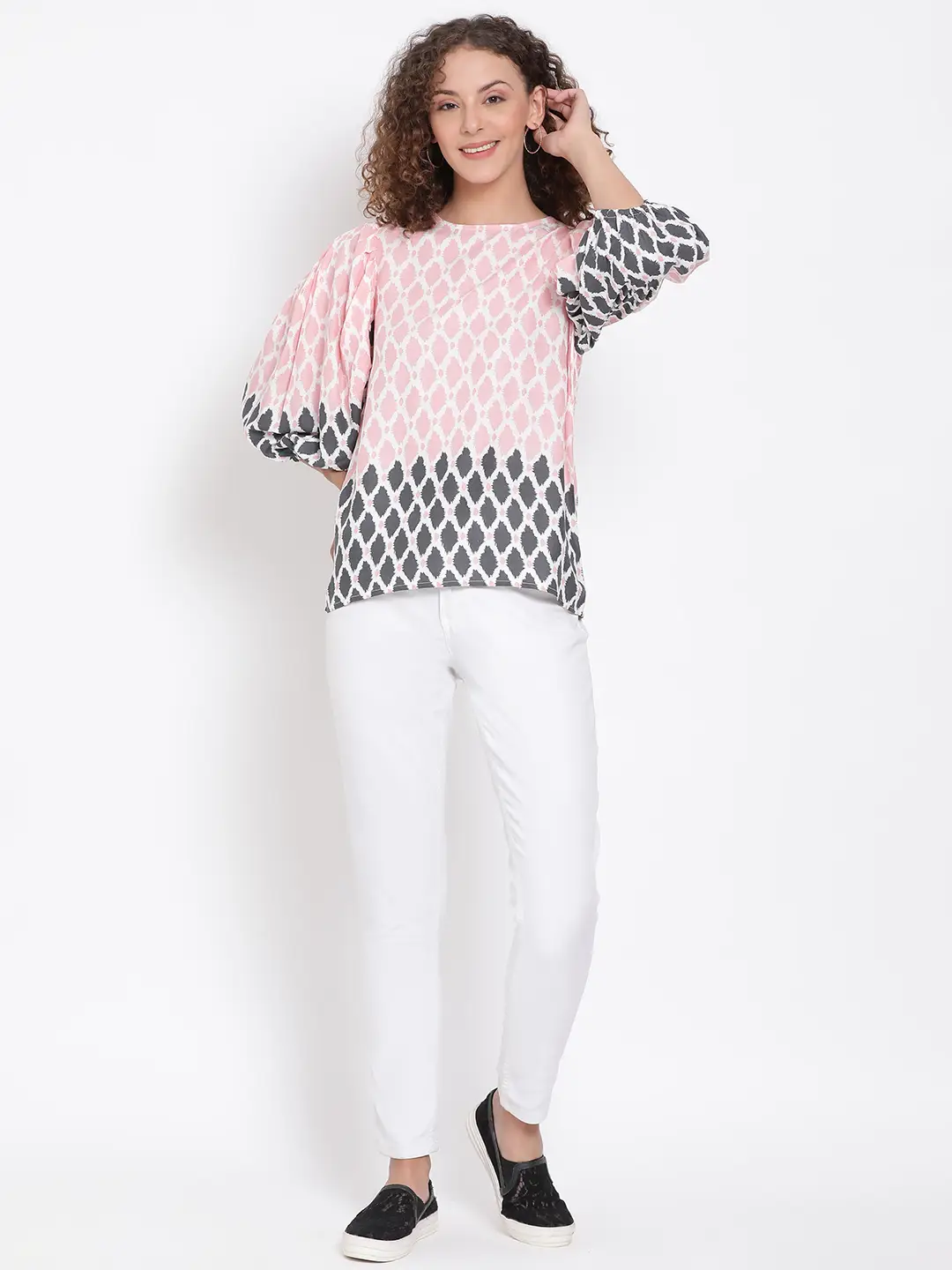 Peach Printed Statement Sleeve Top - Image 2