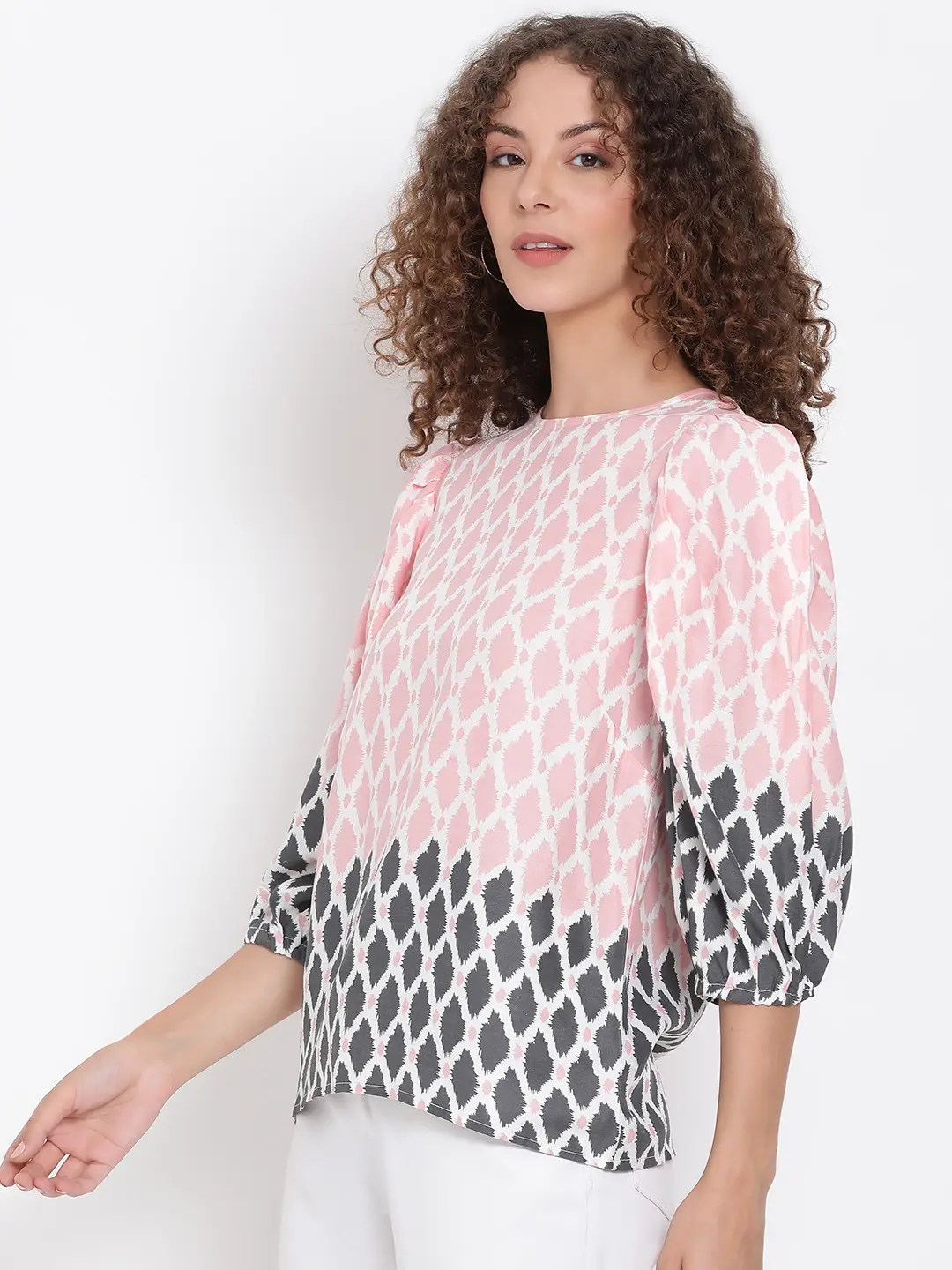 Peach Printed Statement Sleeve Top - Image 3