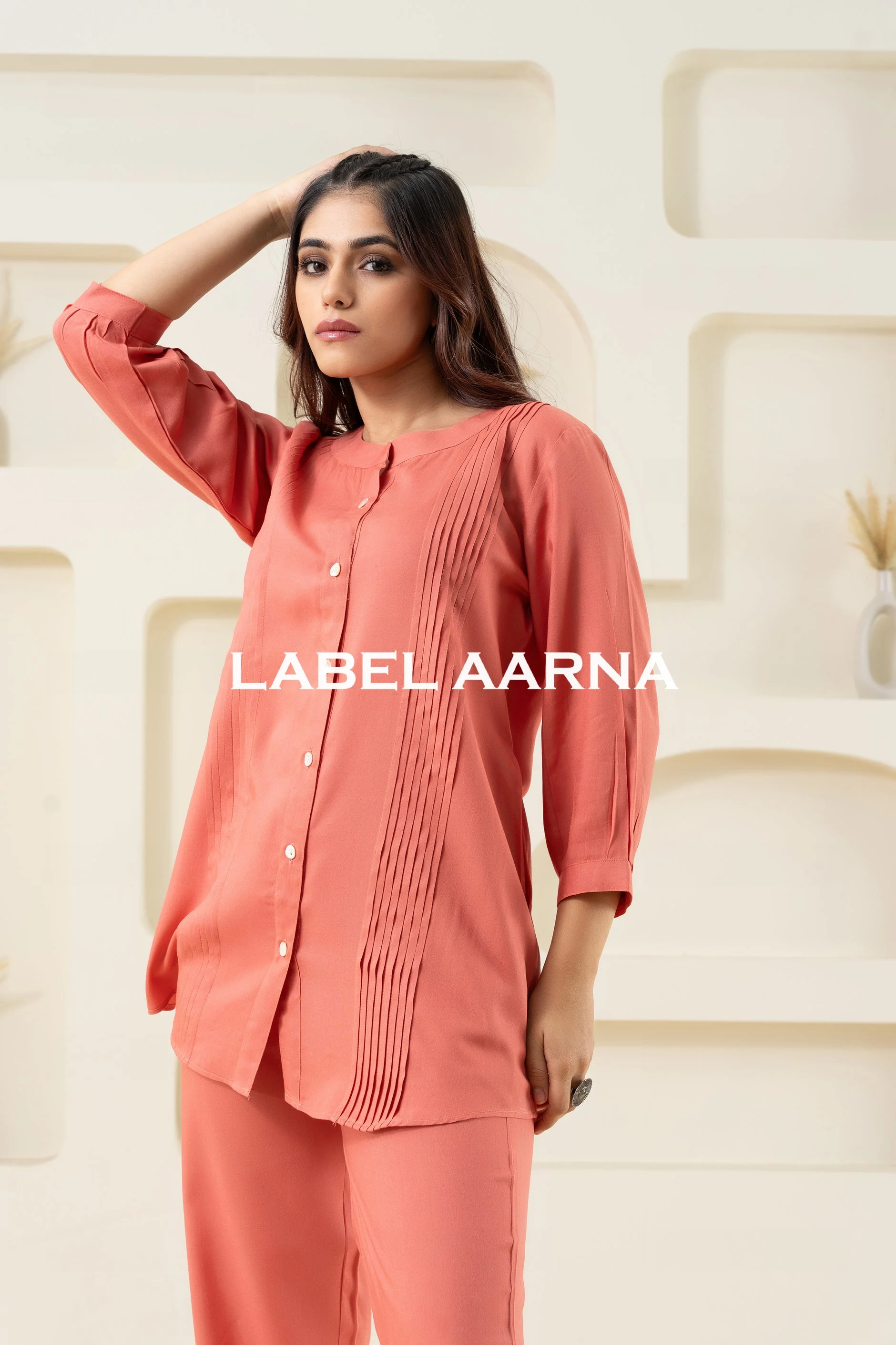 Peach Visocse Pleated Solid Co-Ord Set - Image 4