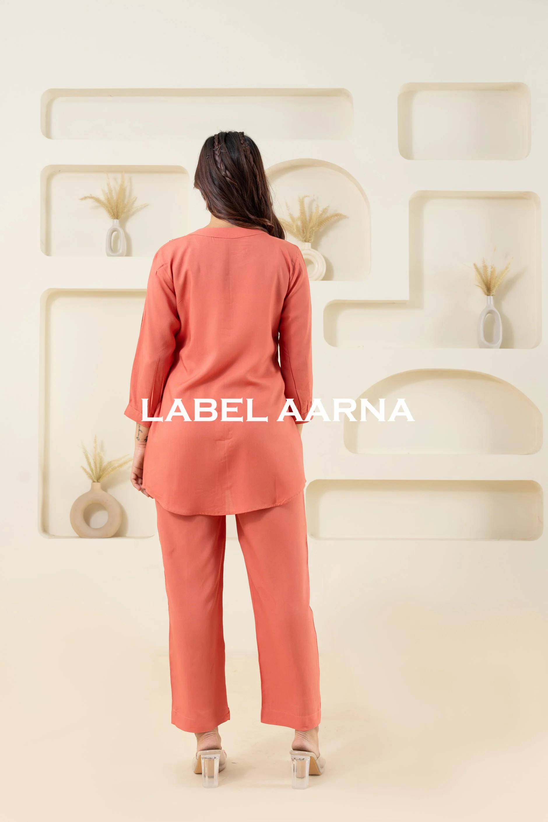 Peach Visocse Pleated Solid Co-Ord Set - Image 5