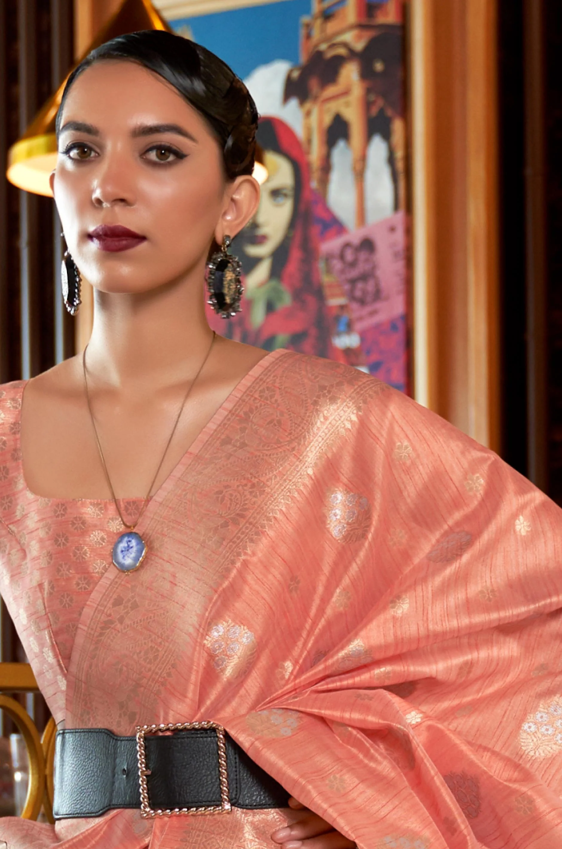 Peach Woven Tussar Silk Saree - Image 4
