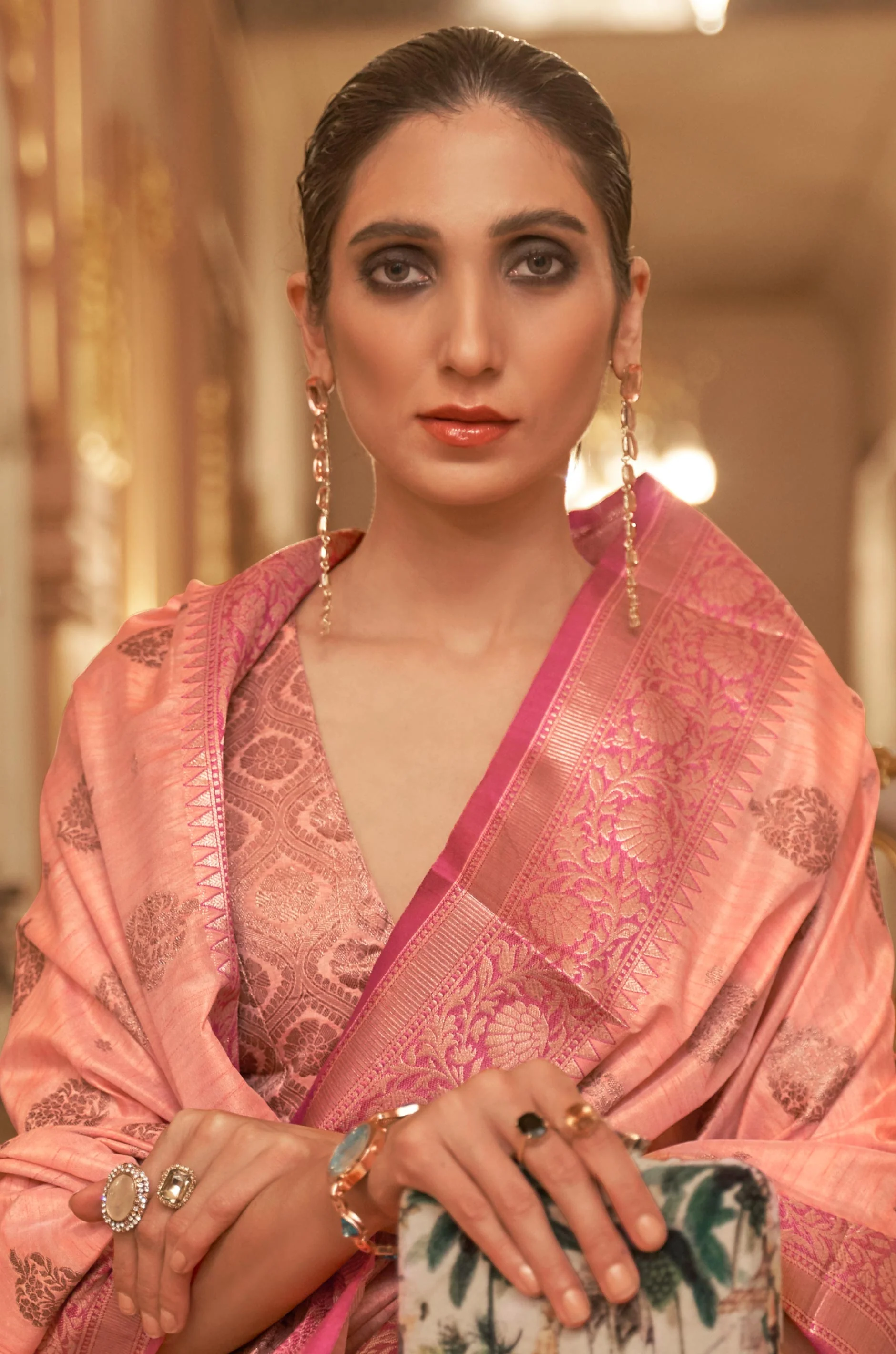 Peach Woven Tussar Silk Saree - Image 5