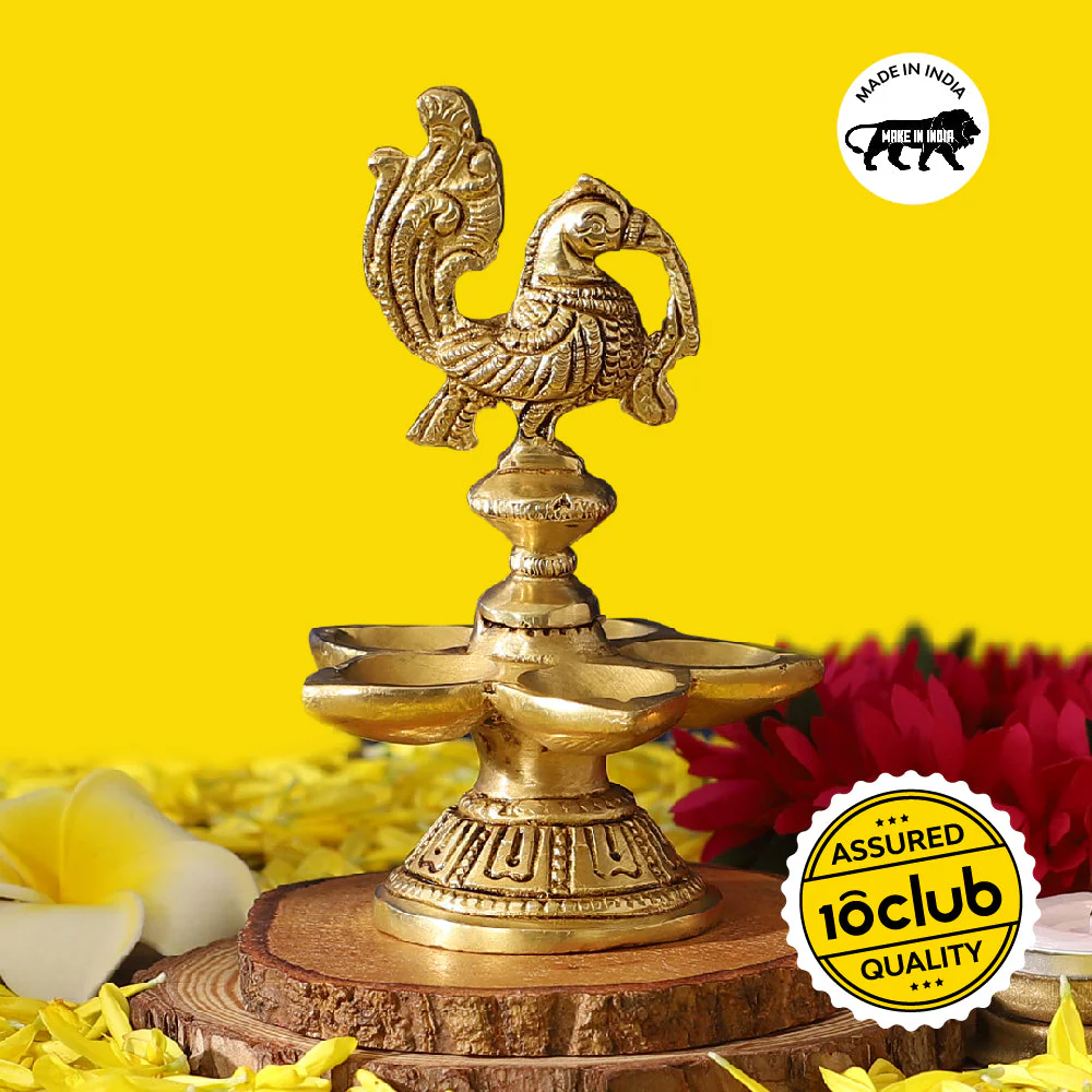 Peacock Panchmukhi Diya | 100% Pure Brass | Antique Finish - Image 2