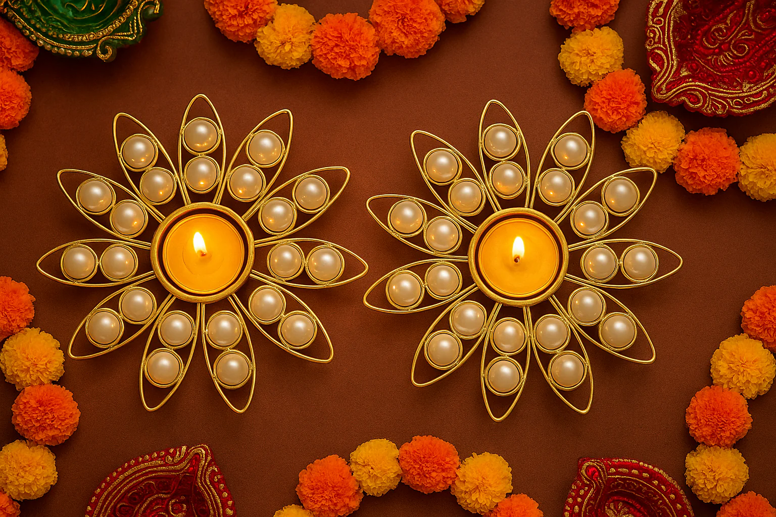Pearl Decorative Diya for Home Décor | Festive Tealight Candle Holder | Centerpiece for Living Room & Puja | 12 Inch Round Designer Diya with Pearls - Image 5