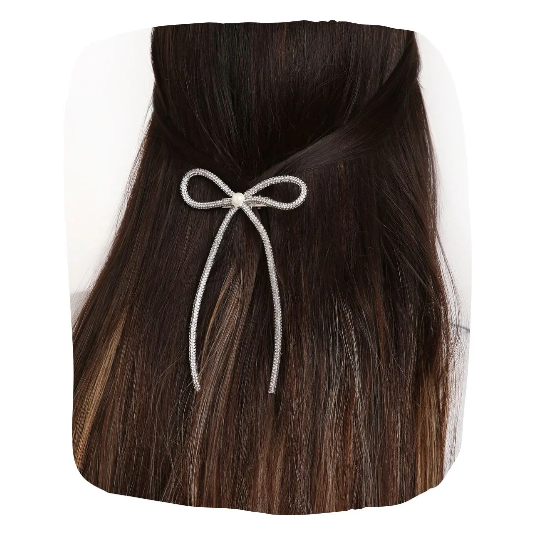 Pearl Embellished Long Tail Rhinestone Hair Bow