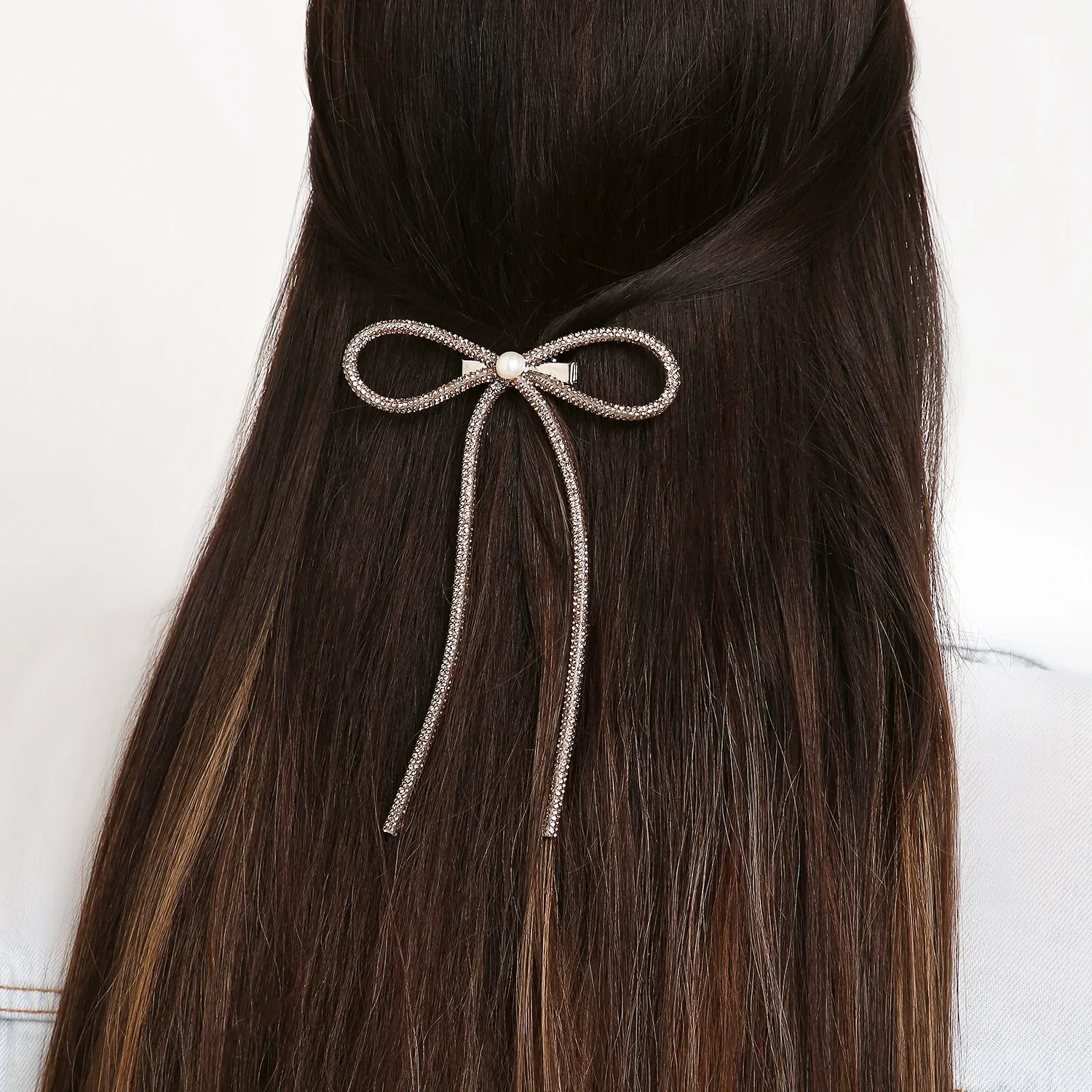 Pearl Embellished Long Tail Rhinestone Hair Bow - Image 6