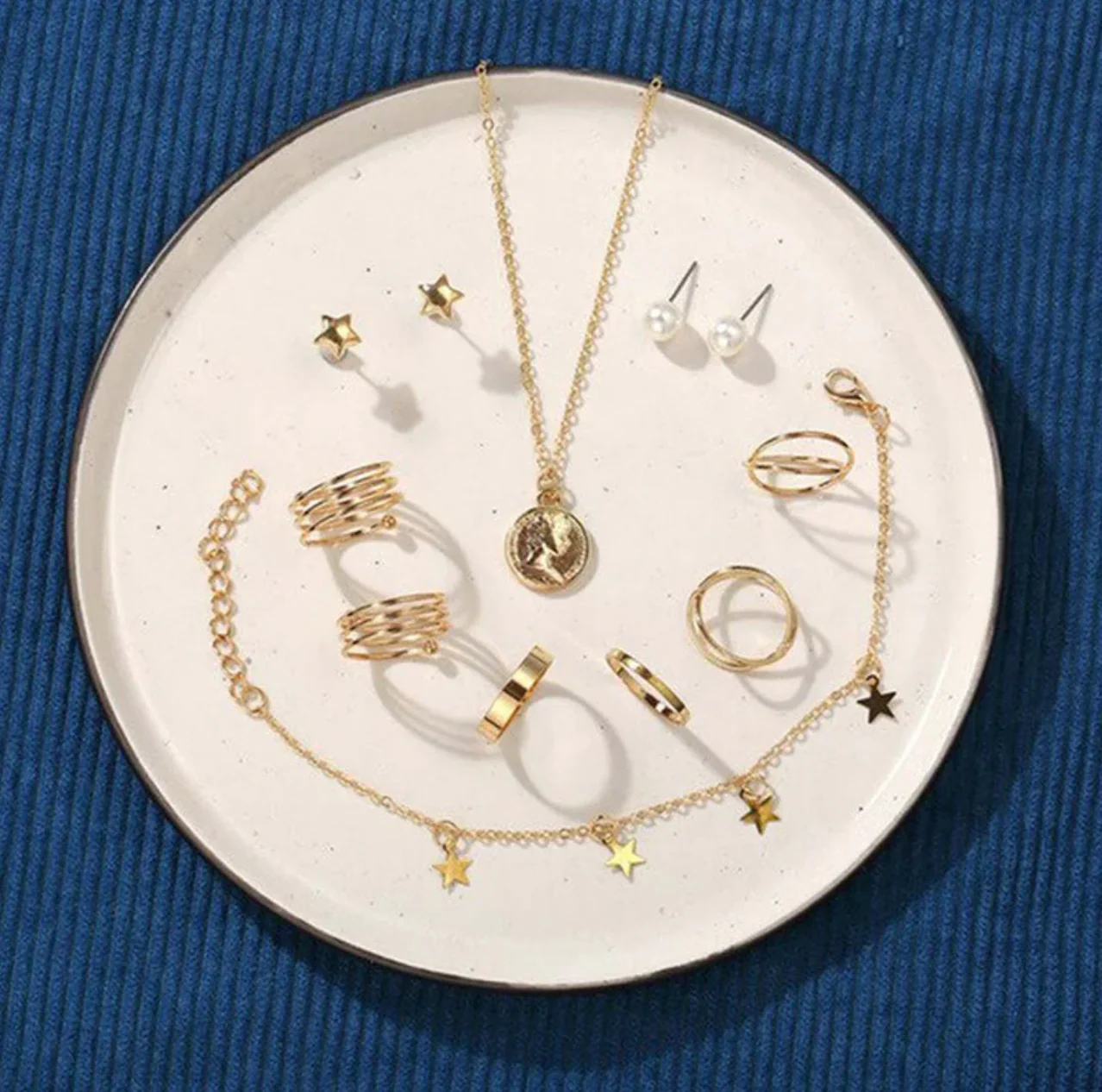 Pearl Gold Plated Earrings with Necklace and Beautiful Rings with Bracelet for Women - Image 3