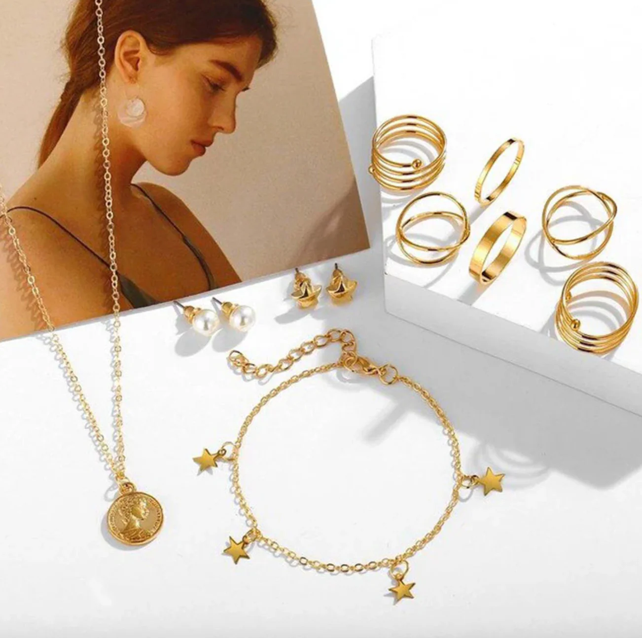 Pearl Gold Plated Earrings with Necklace and Beautiful Rings with Bracelet for Women - Image 6