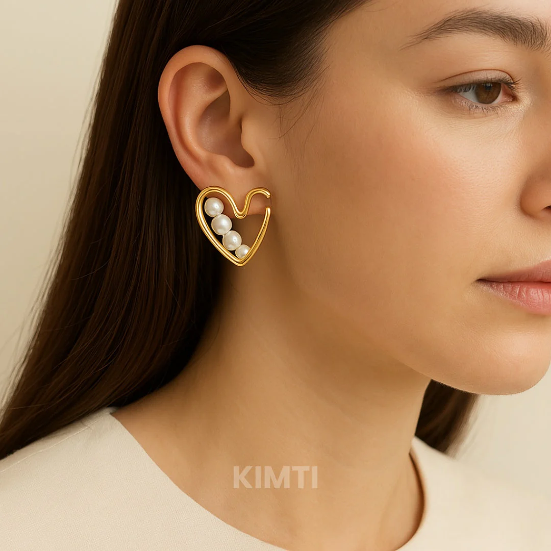 Pearl Heart Hoop Golden Earring — Buy Any 5 for Rs. 599 - Image 2